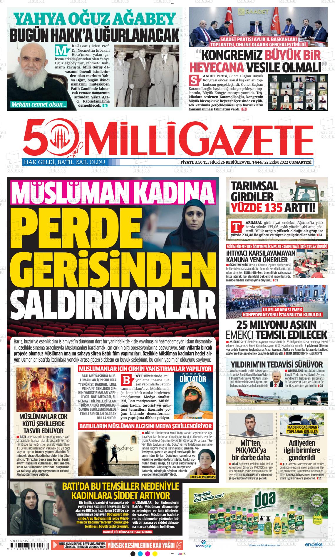 22 Ekim 2022 Milli Gazete Gazete Manşeti