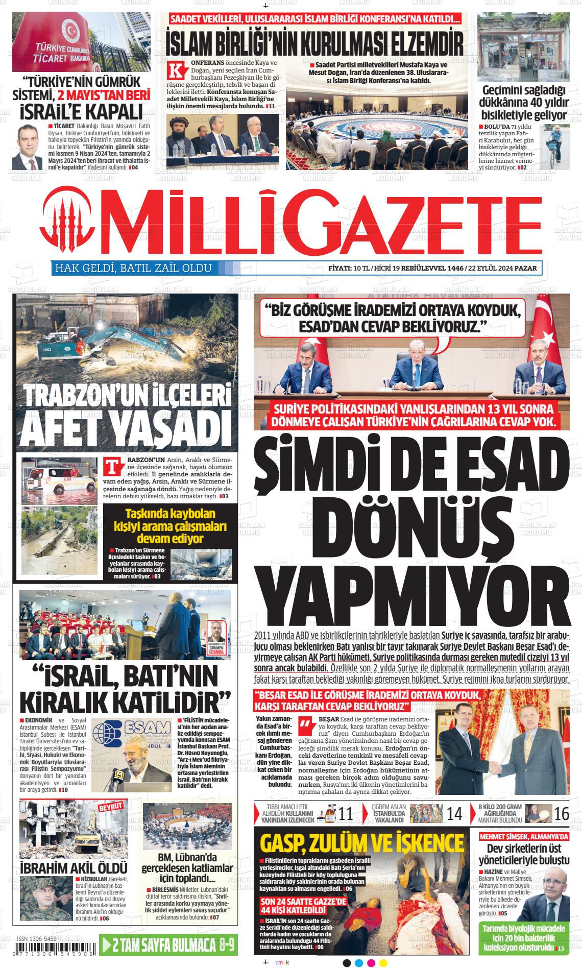 22 Eylül 2024 Milli Gazete Gazete Manşeti