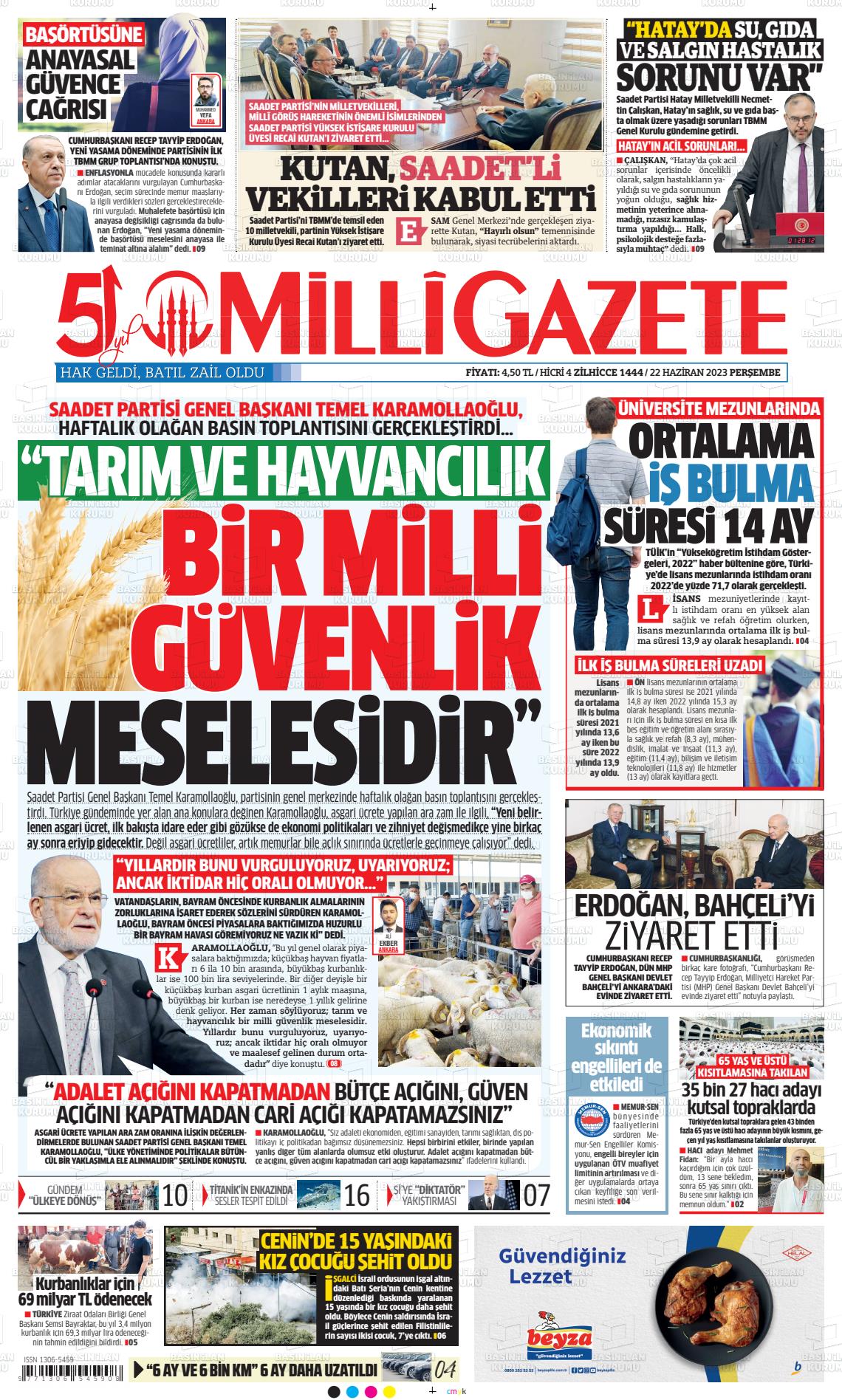 22 Haziran 2023 Milli Gazete Gazete Manşeti