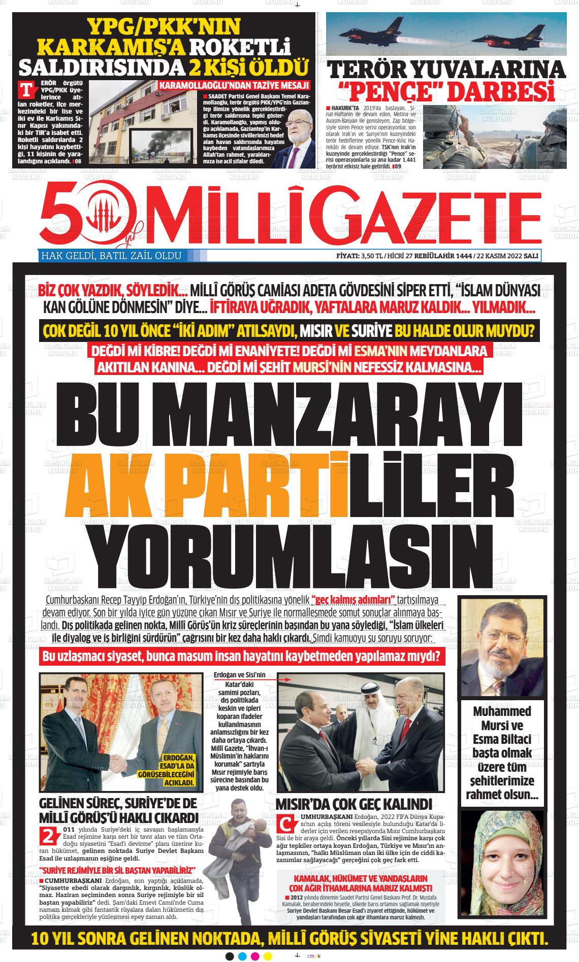 22 Kasım 2022 Milli Gazete Gazete Manşeti