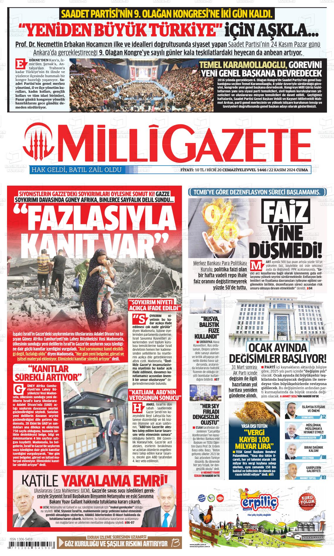 22 Kasım 2024 Milli Gazete Gazete Manşeti