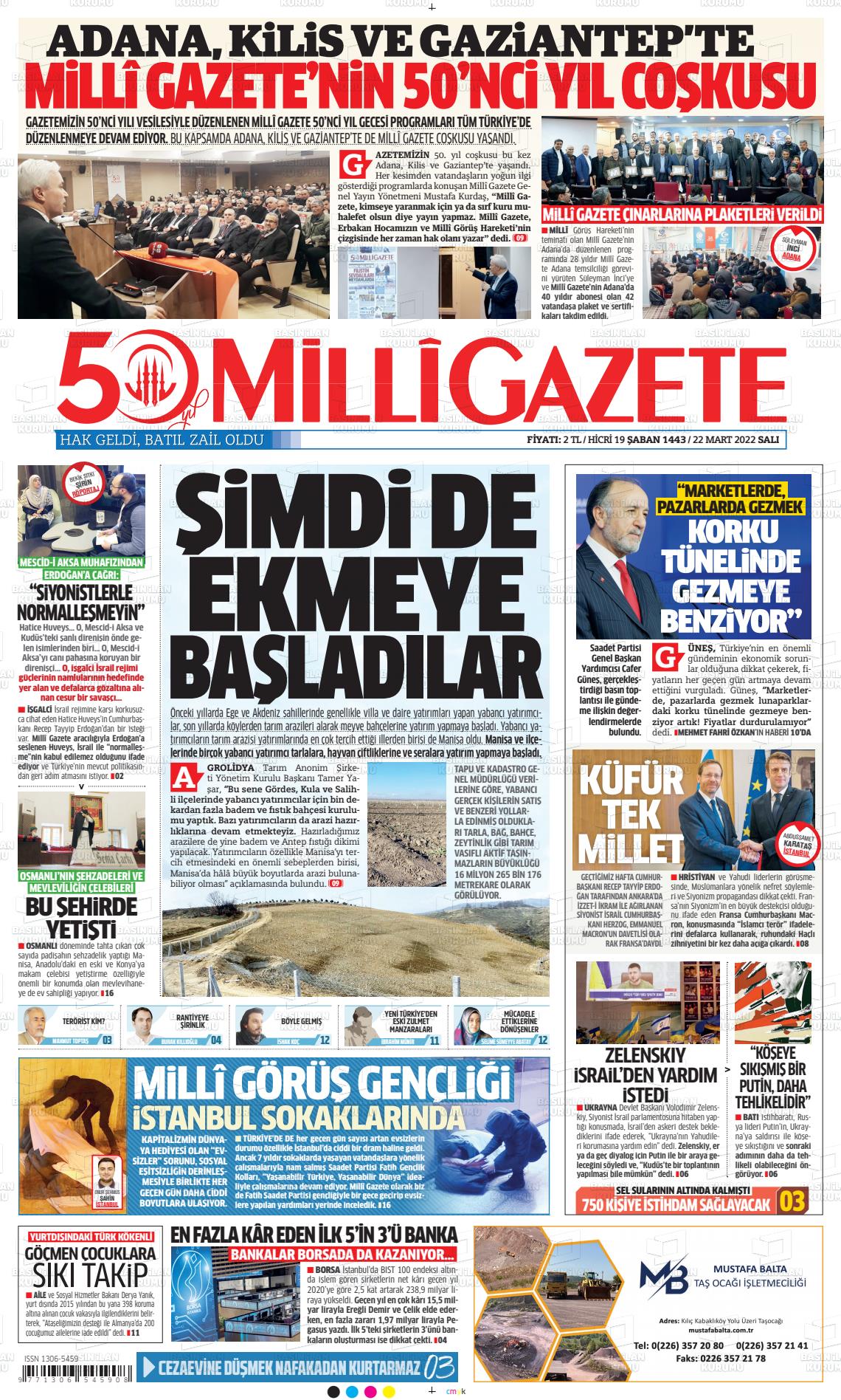 22 Mart 2022 Milli Gazete Gazete Manşeti