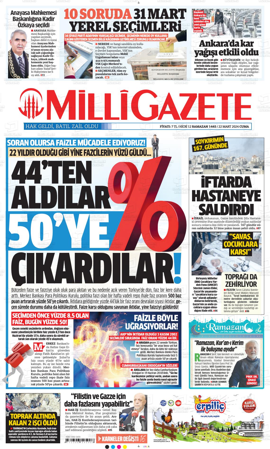 22 Mart 2024 Milli Gazete Gazete Manşeti