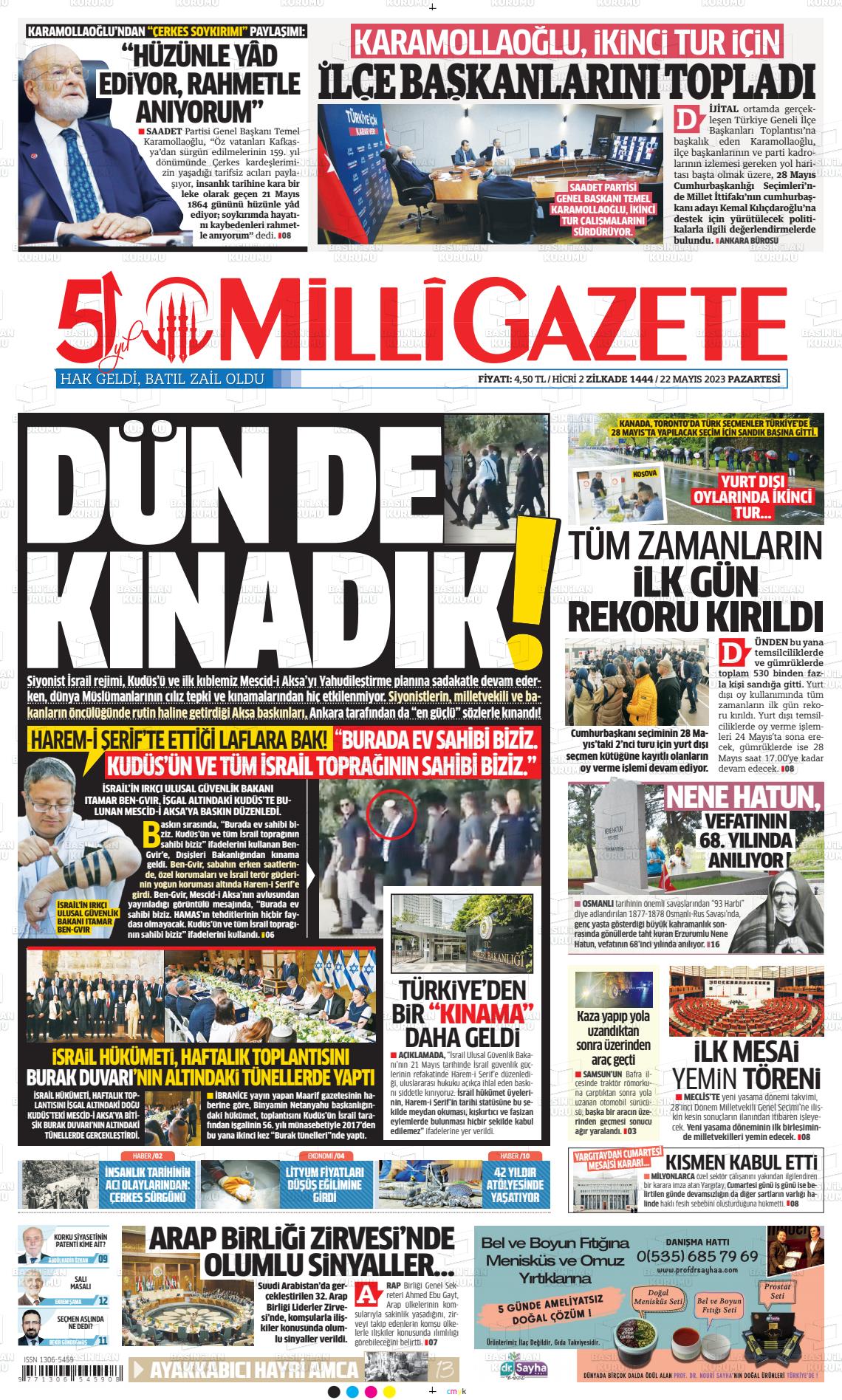 22 Mayıs 2023 Milli Gazete Gazete Manşeti