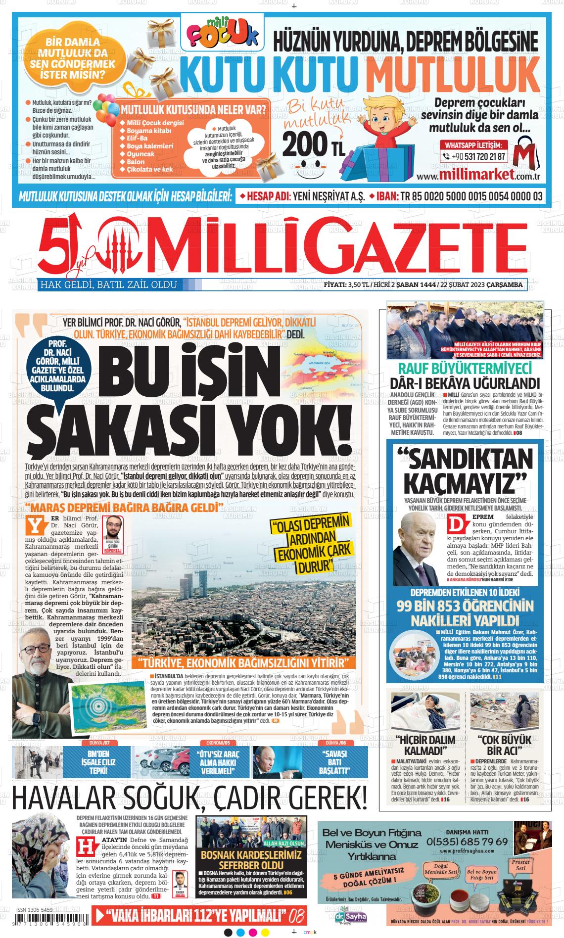 22 Şubat 2023 Milli Gazete Gazete Manşeti