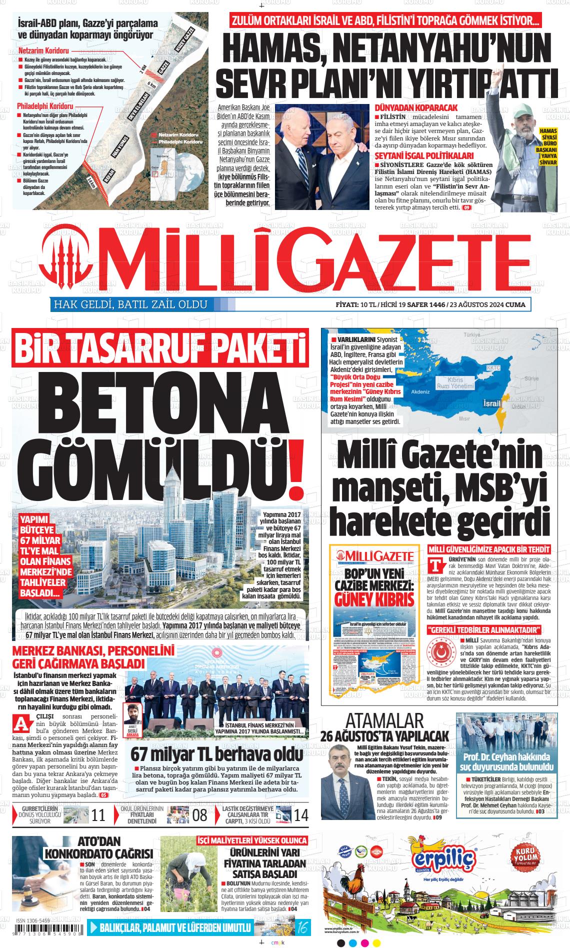 23 Ağustos 2024 Milli Gazete Gazete Manşeti