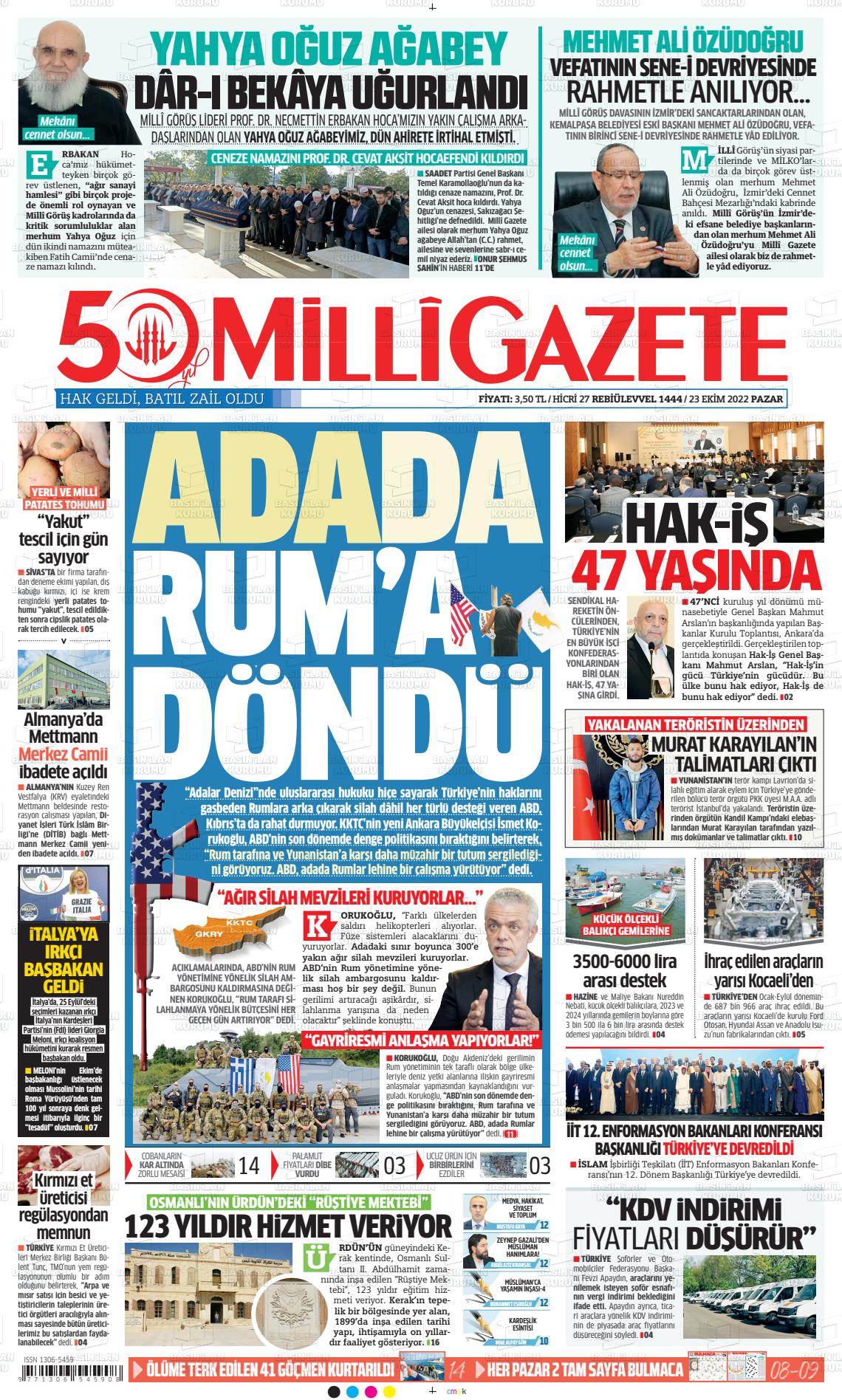 23 Ekim 2022 Milli Gazete Gazete Manşeti