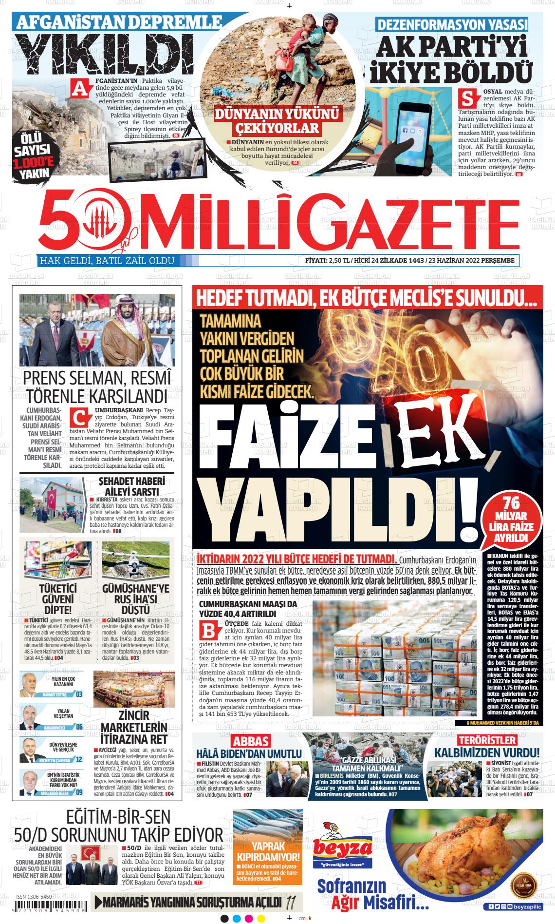 23 Haziran 2022 Milli Gazete Gazete Manşeti