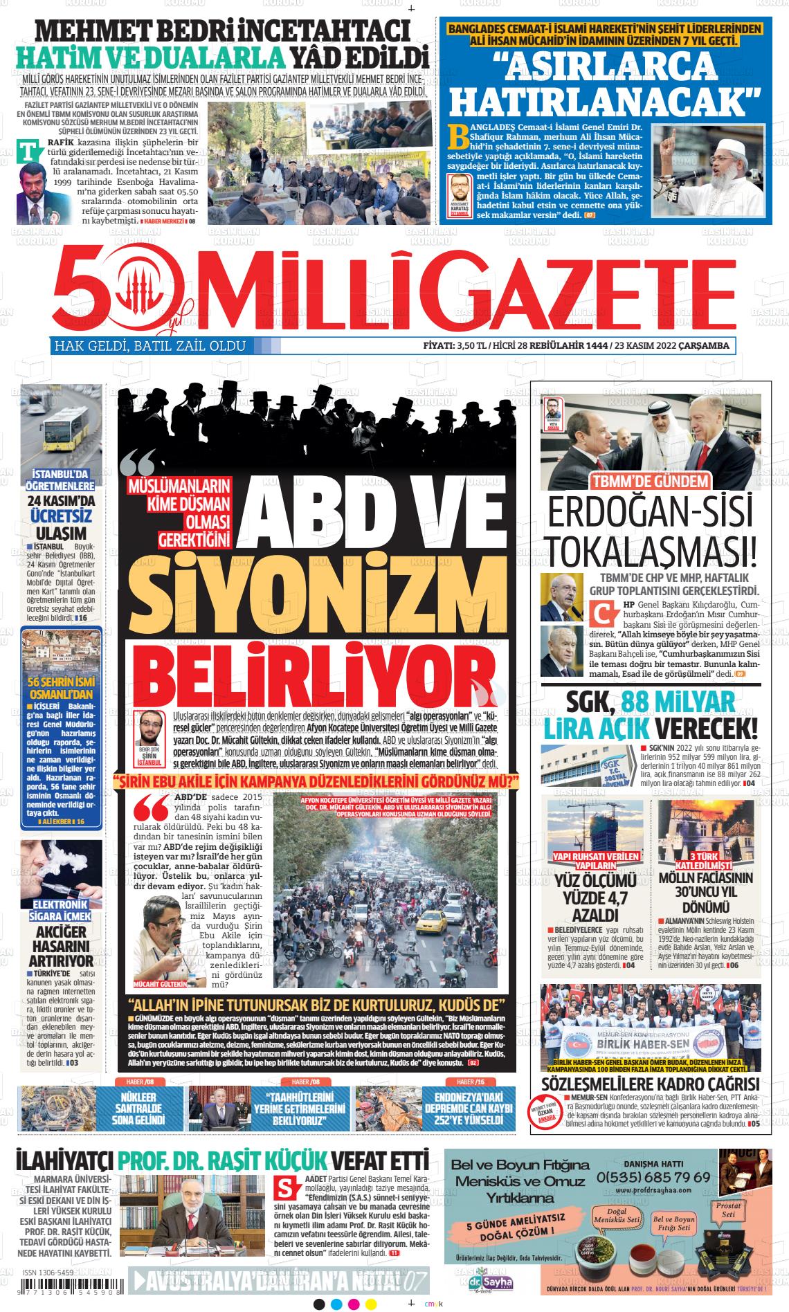 23 Kasım 2022 Milli Gazete Gazete Manşeti