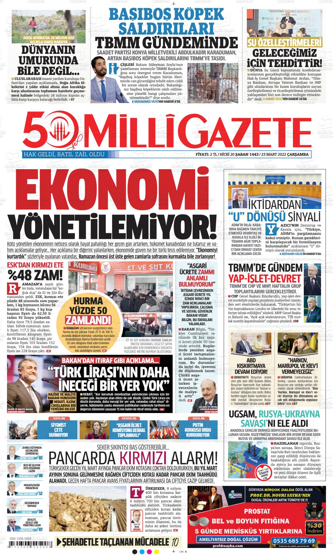 23 Mart 2022 Milli Gazete Gazete Manşeti