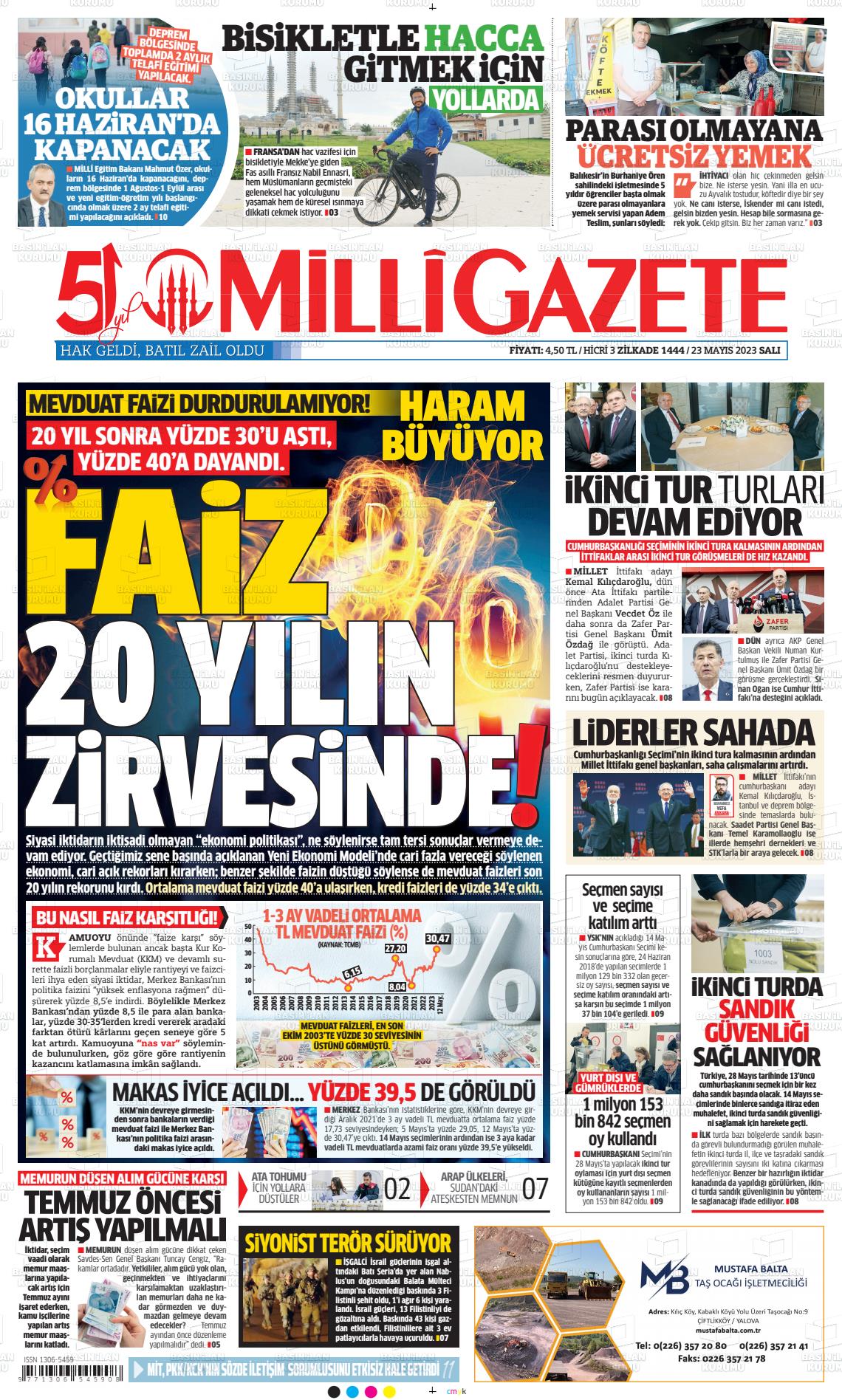 23 Mayıs 2023 Milli Gazete Gazete Manşeti