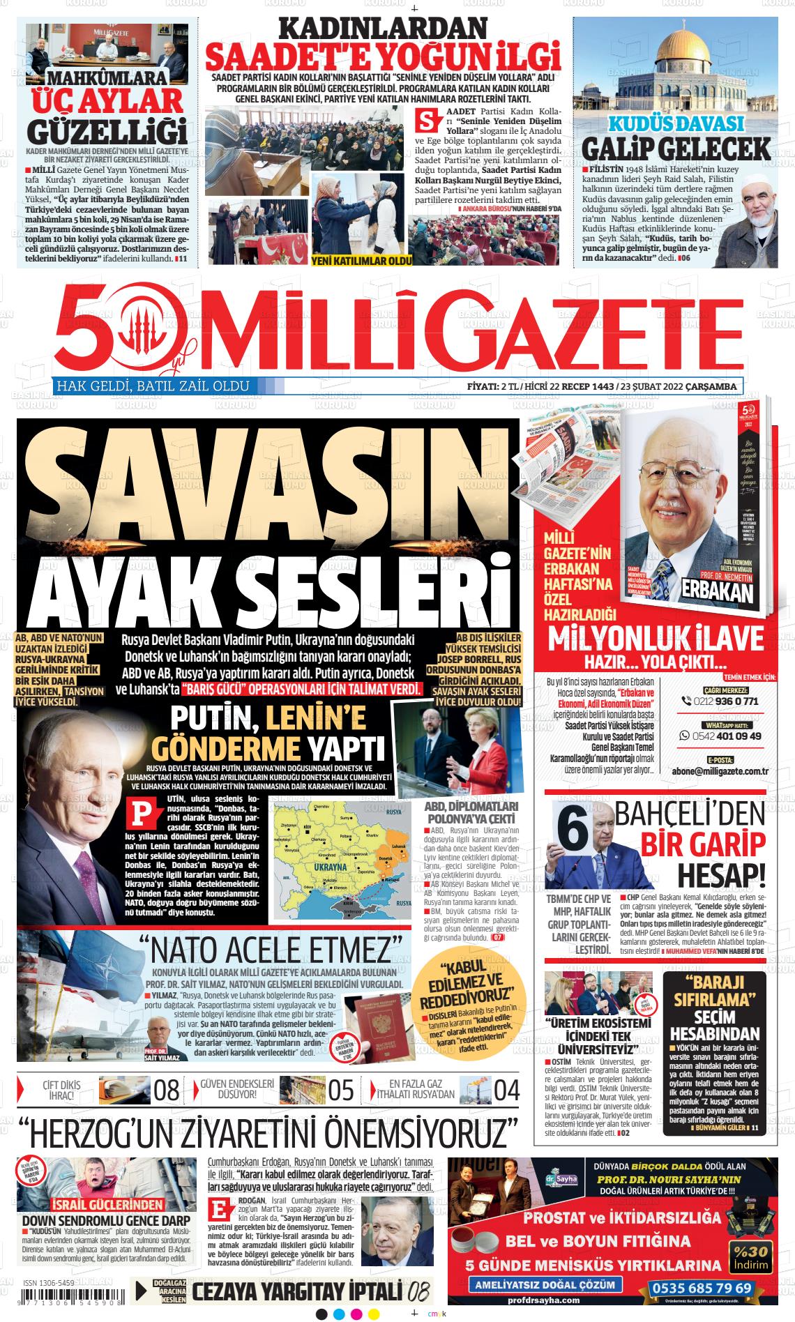 23 Şubat 2022 Milli Gazete Gazete Manşeti