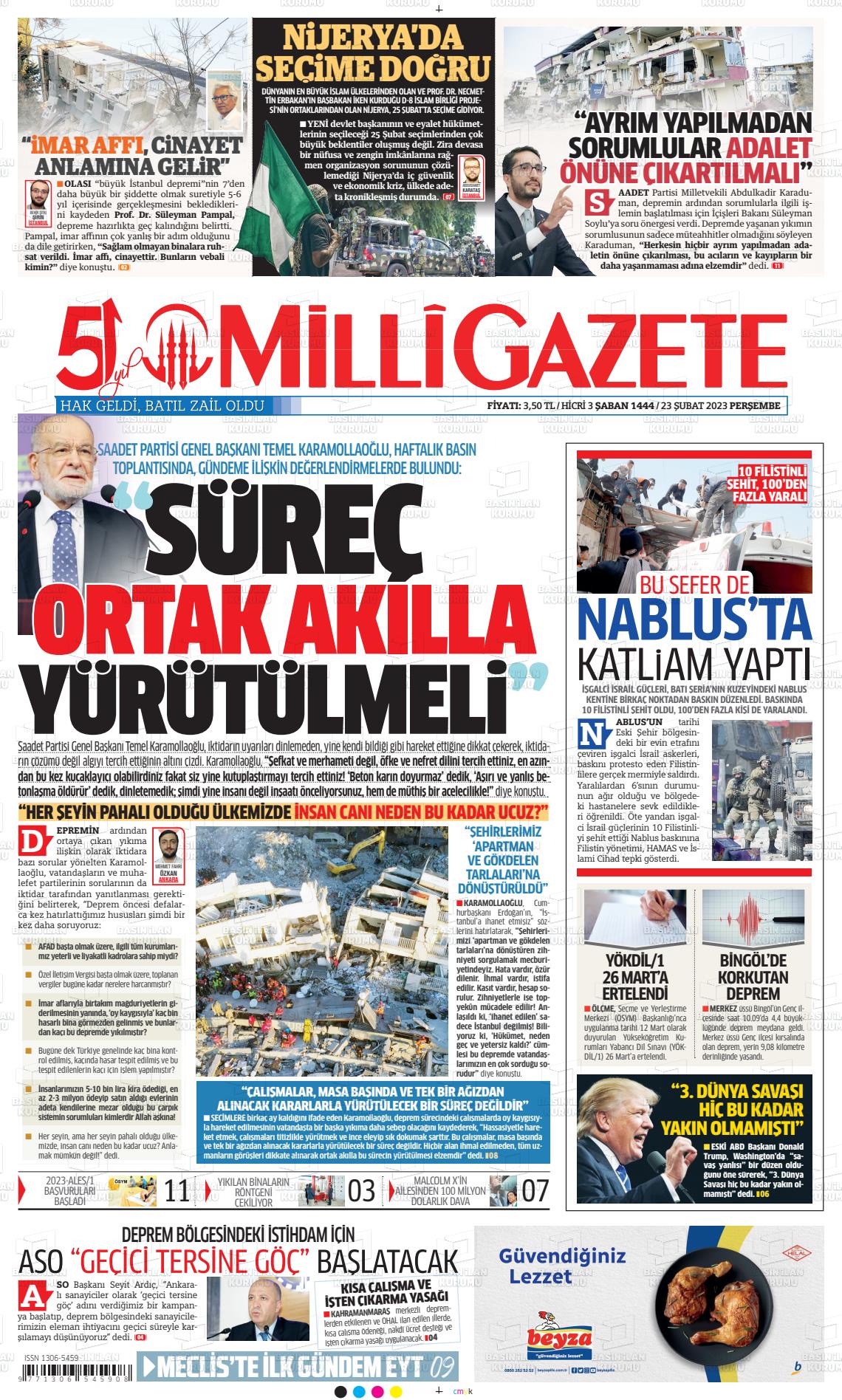 23 Şubat 2023 Milli Gazete Gazete Manşeti