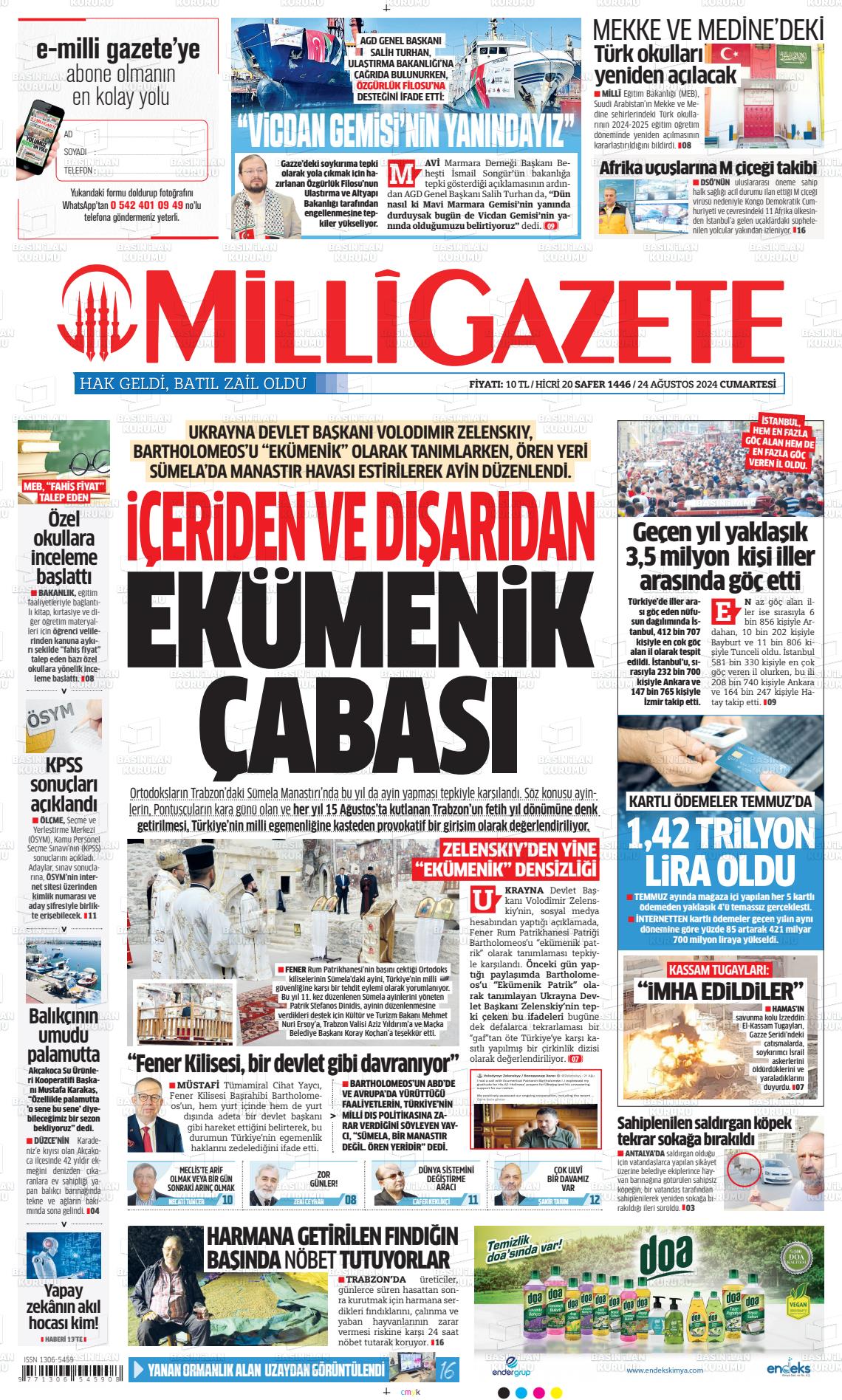 24 Ağustos 2024 Milli Gazete Gazete Manşeti