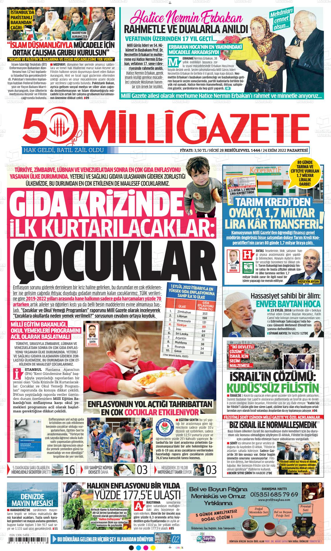 24 Ekim 2022 Milli Gazete Gazete Manşeti