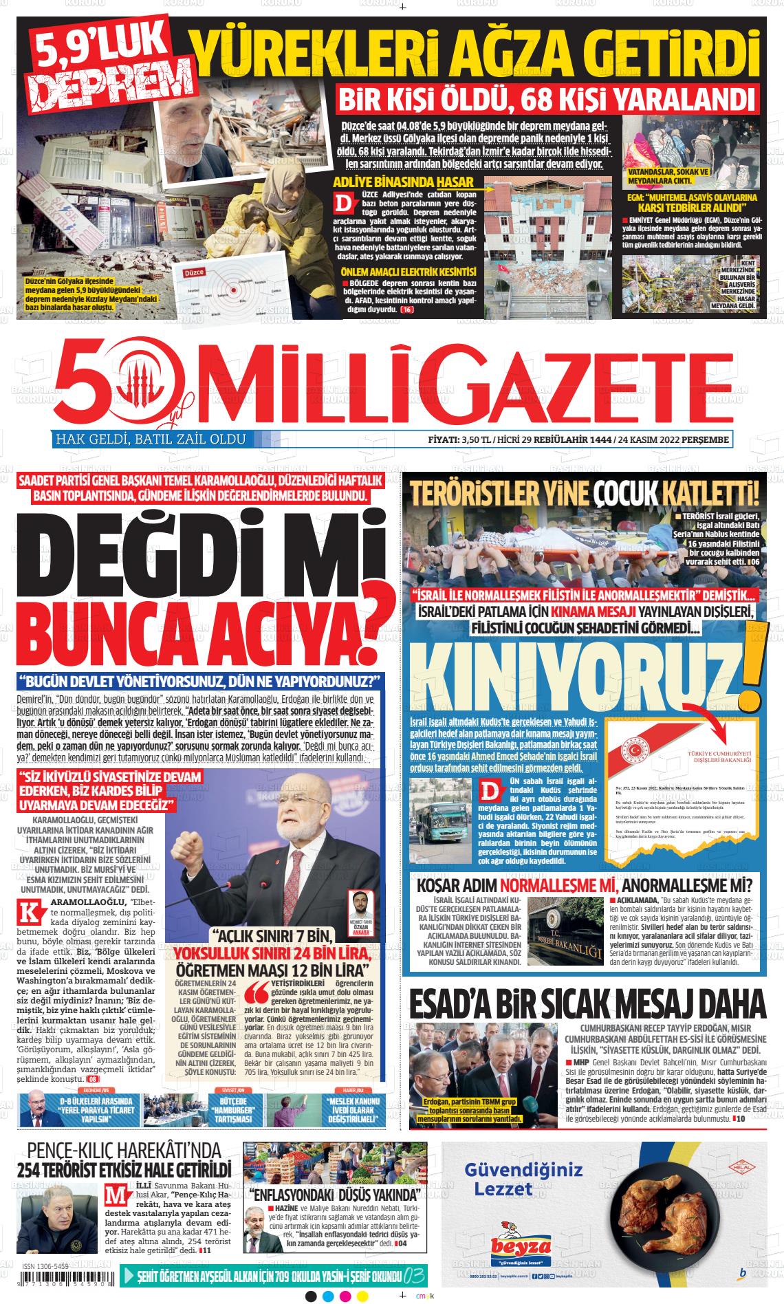 24 Kasım 2022 Milli Gazete Gazete Manşeti