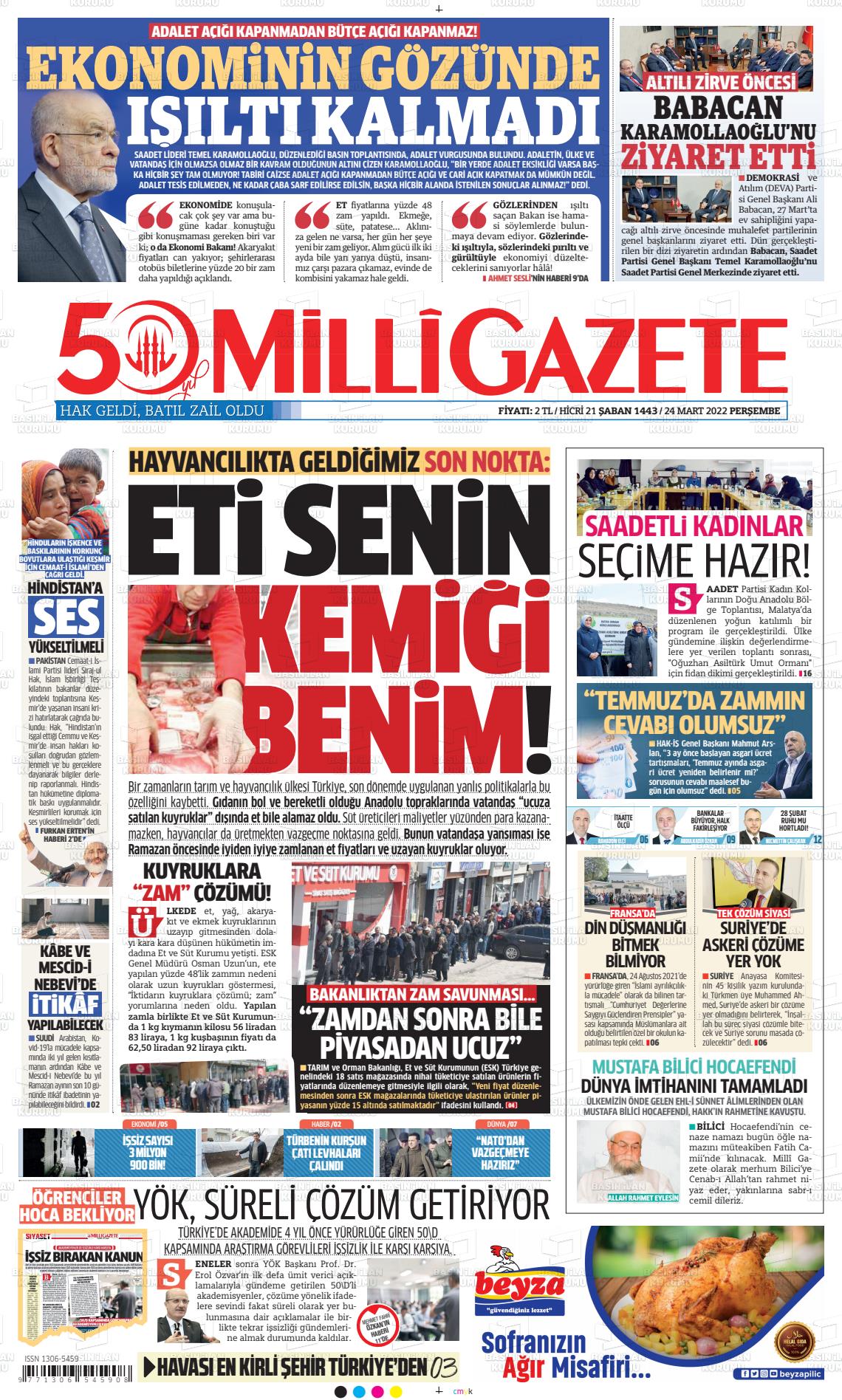 24 Mart 2022 Milli Gazete Gazete Manşeti