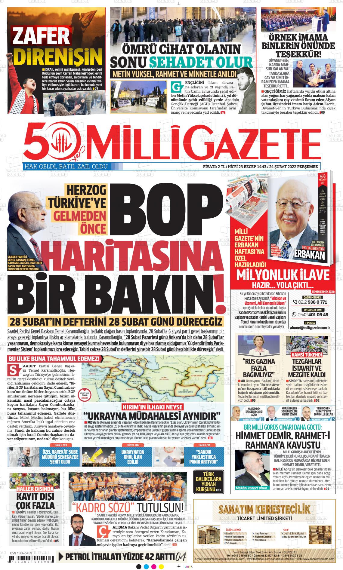 24 Şubat 2022 Milli Gazete Gazete Manşeti