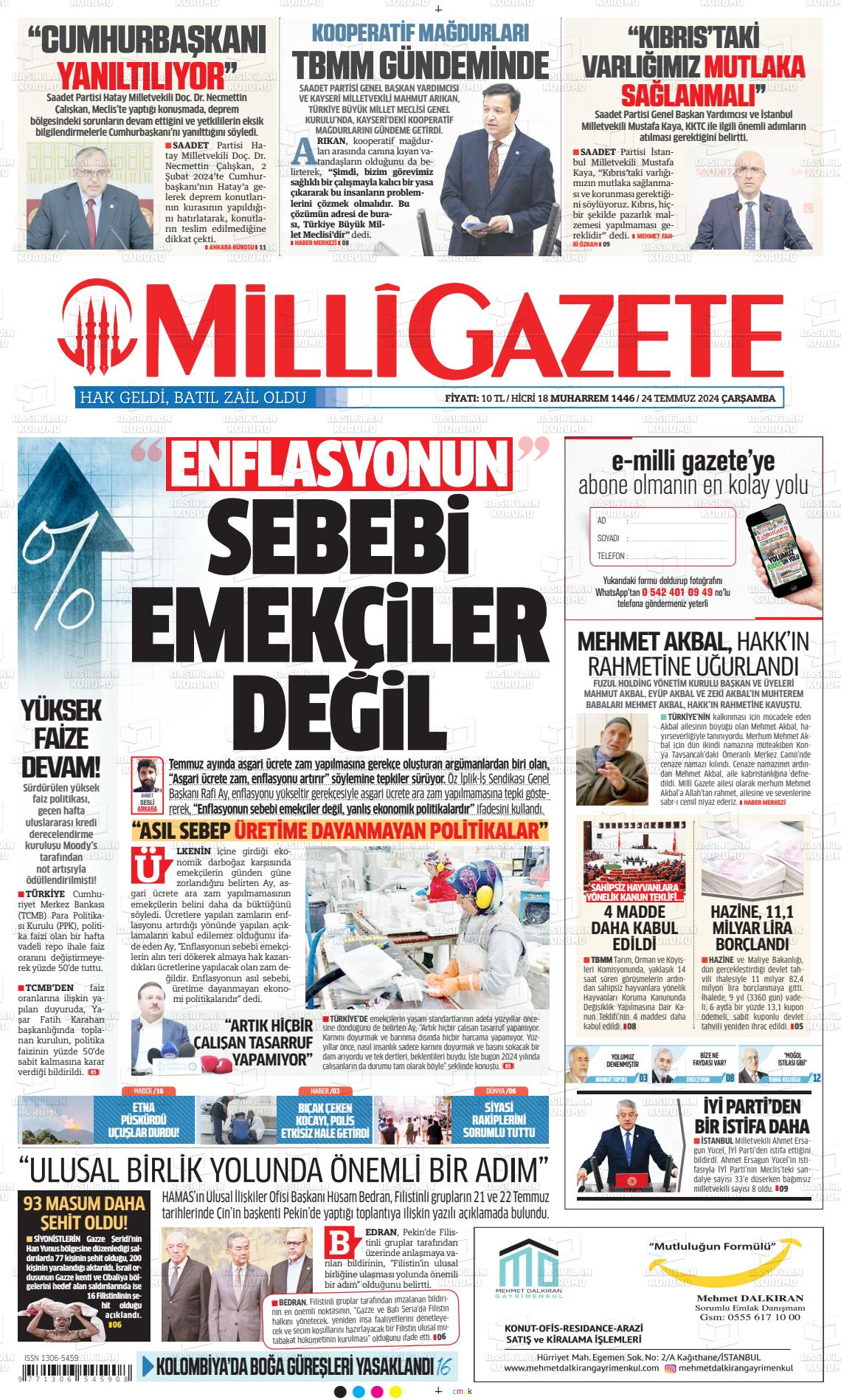 24 Temmuz 2024 Milli Gazete Gazete Manşeti