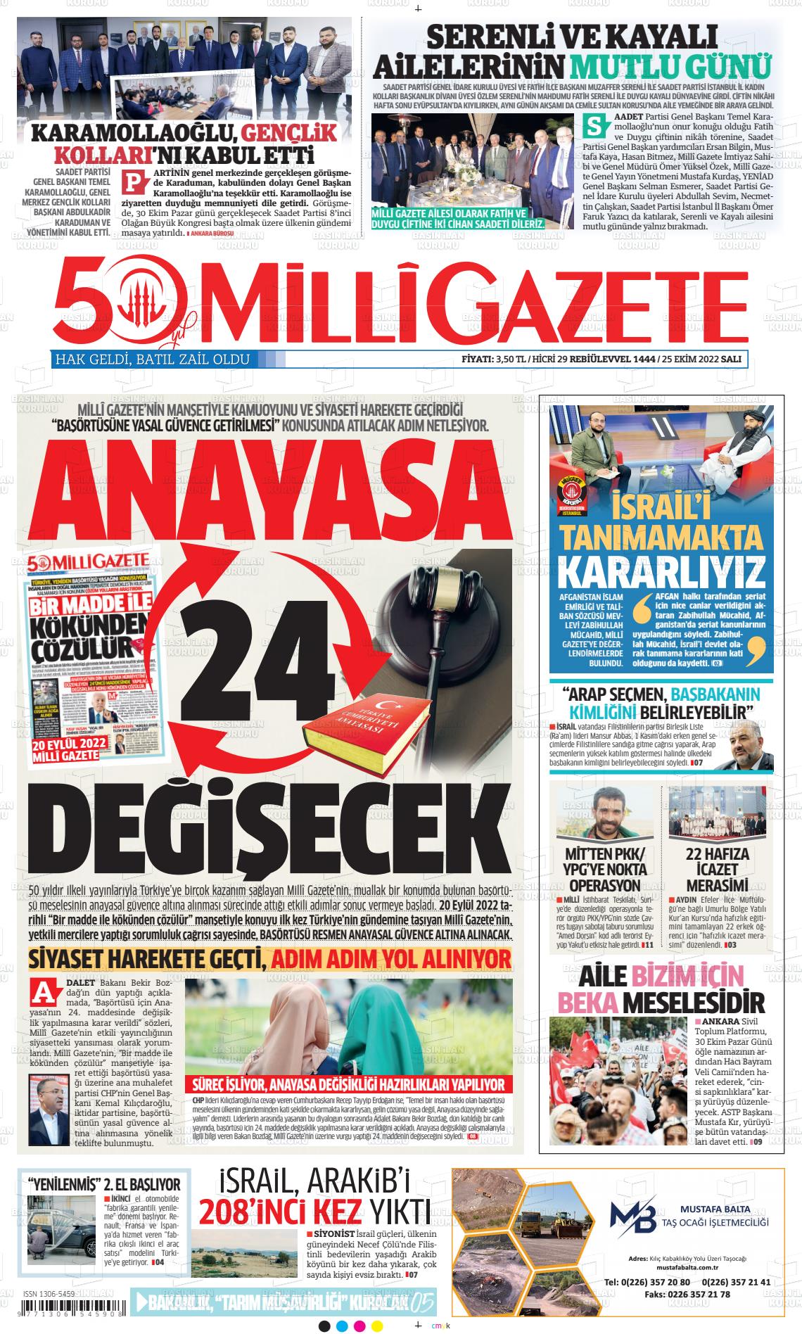 25 Ekim 2022 Milli Gazete Gazete Manşeti