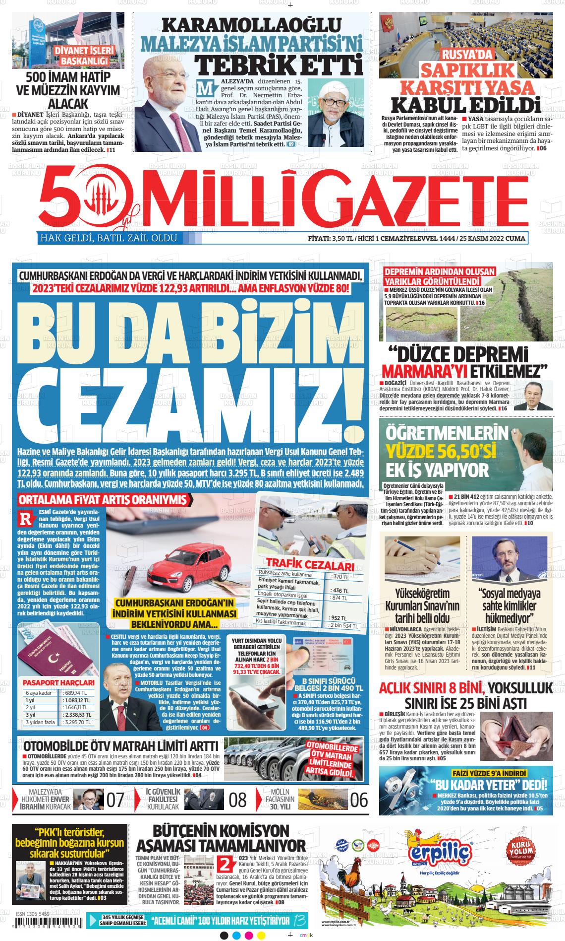 25 Kasım 2022 Milli Gazete Gazete Manşeti