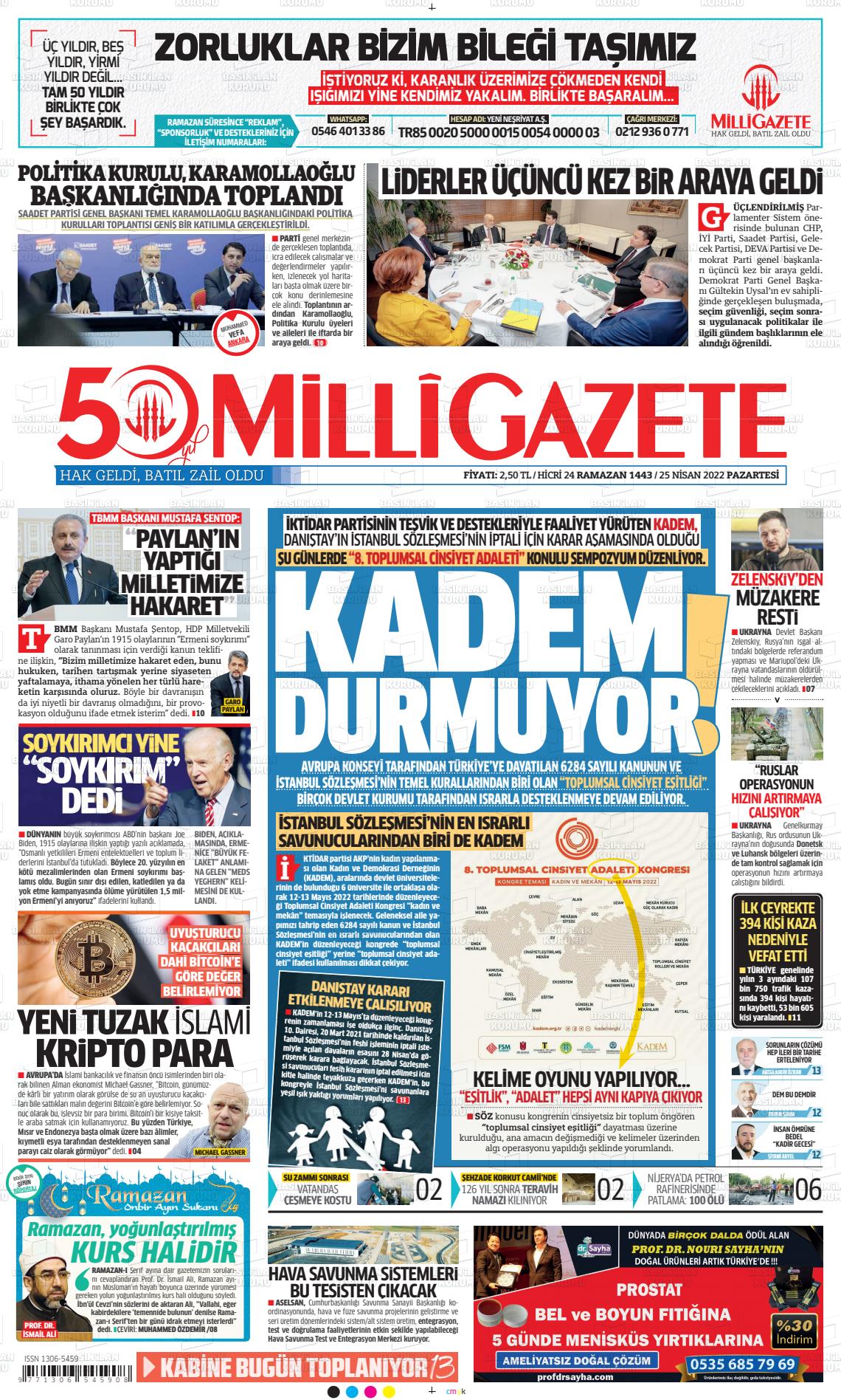 25 Nisan 2022 Milli Gazete Gazete Manşeti