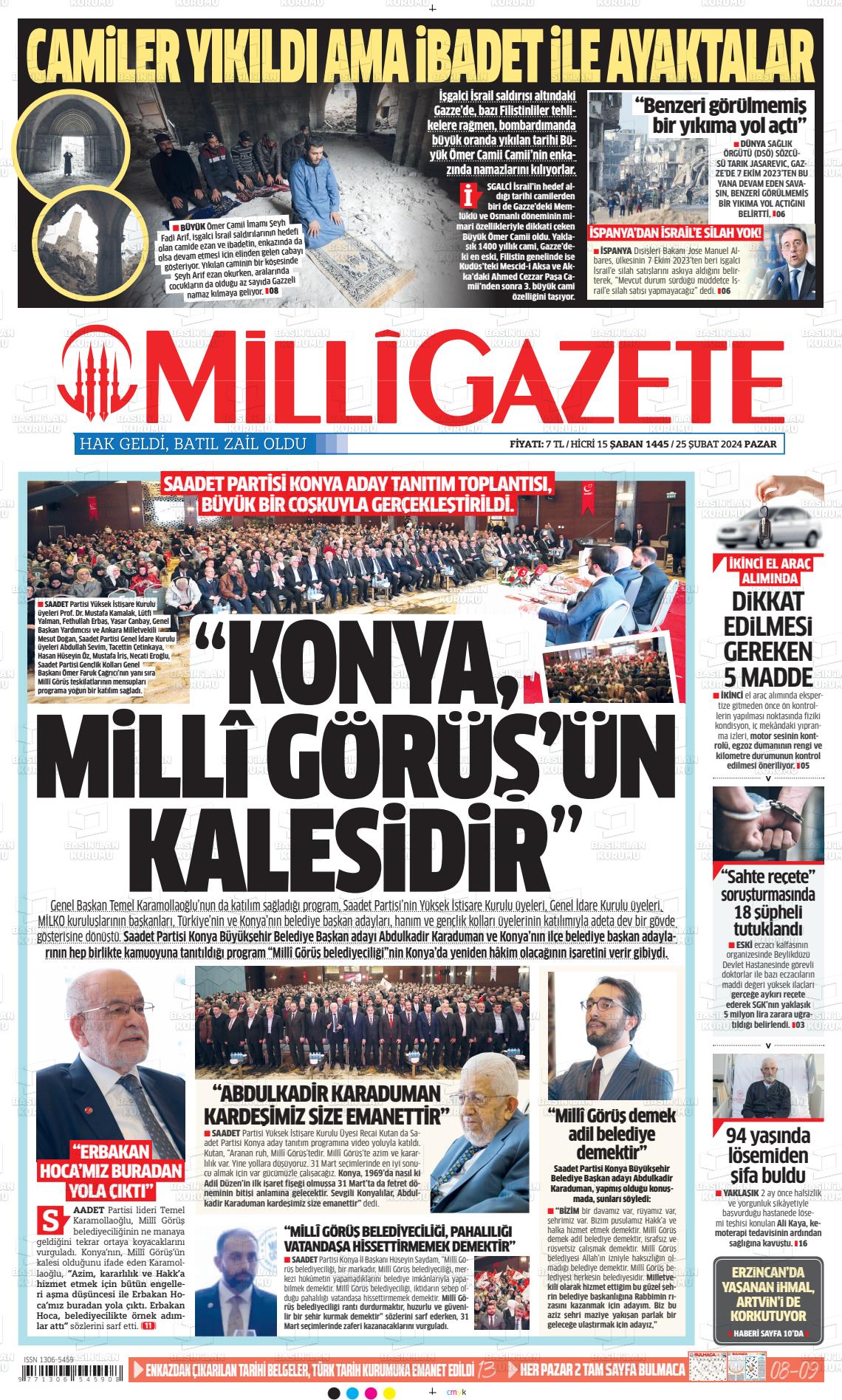 25 Şubat 2024 Milli Gazete Gazete Manşeti