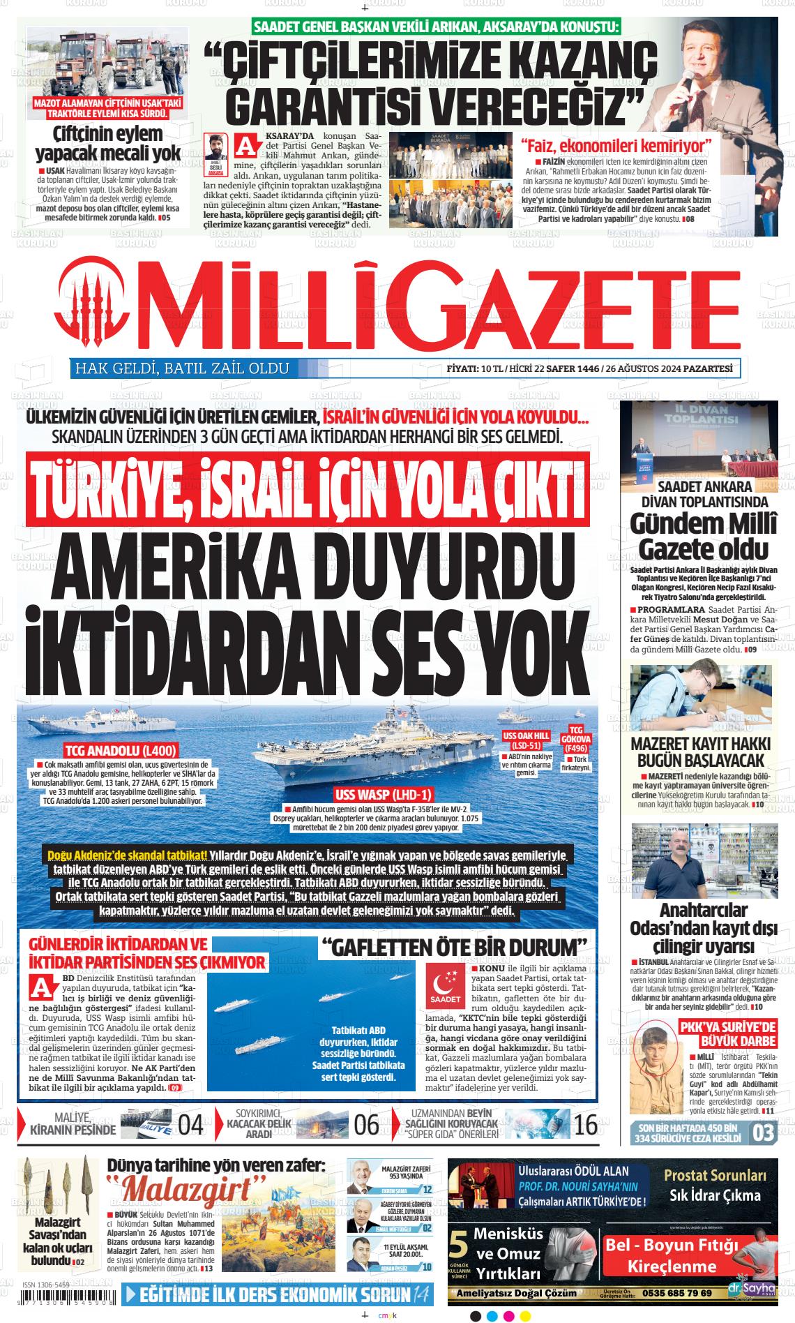 26 Ağustos 2024 Milli Gazete Gazete Manşeti