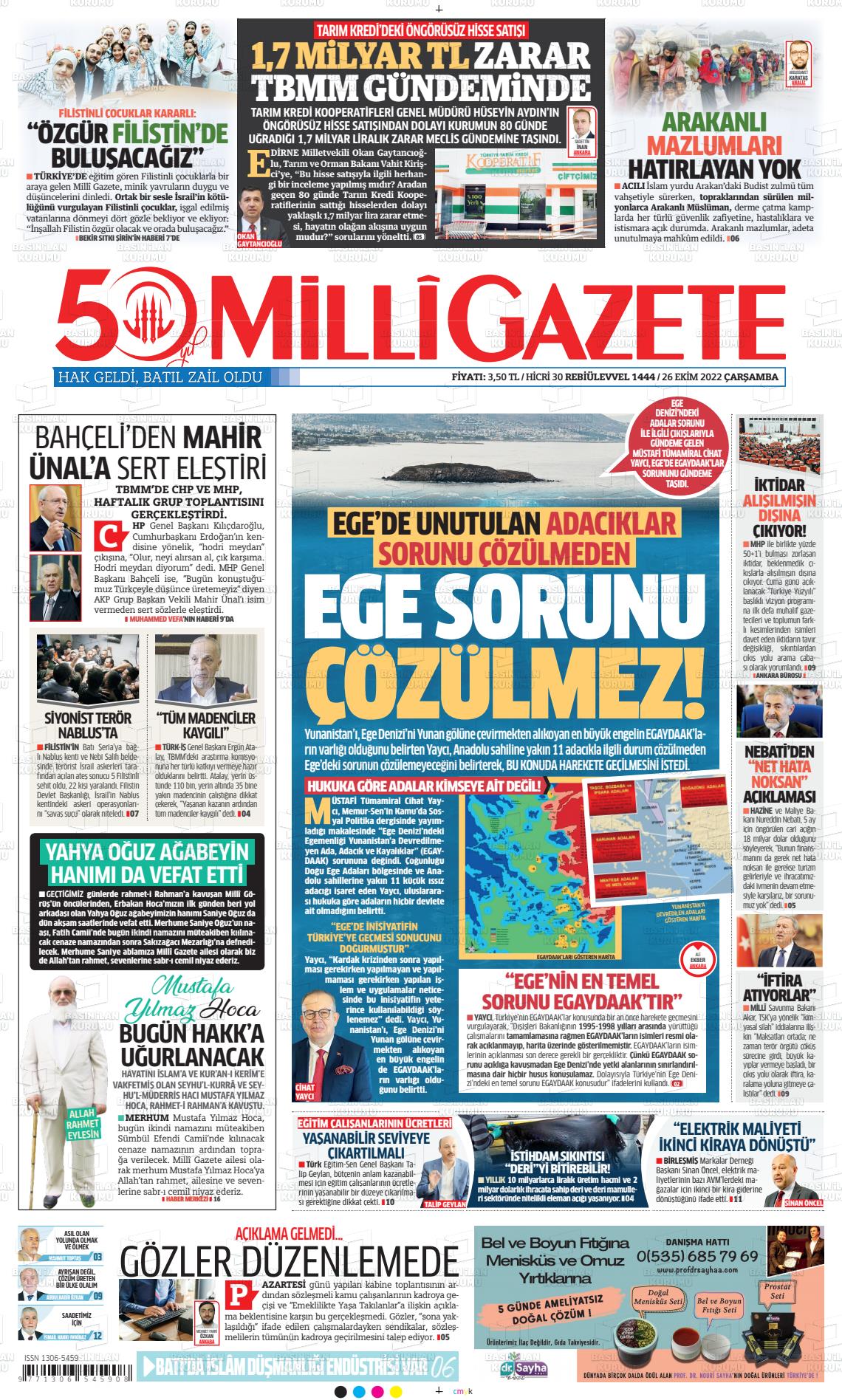 26 Ekim 2022 Milli Gazete Gazete Manşeti