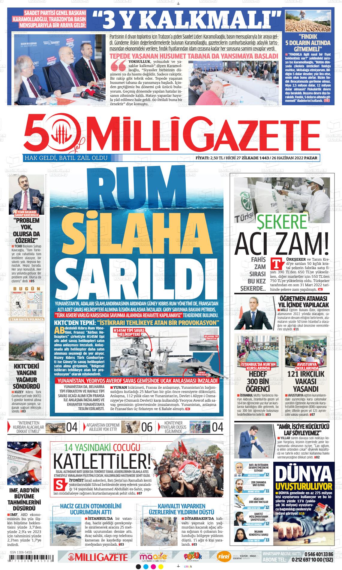 26 Haziran 2022 Milli Gazete Gazete Manşeti