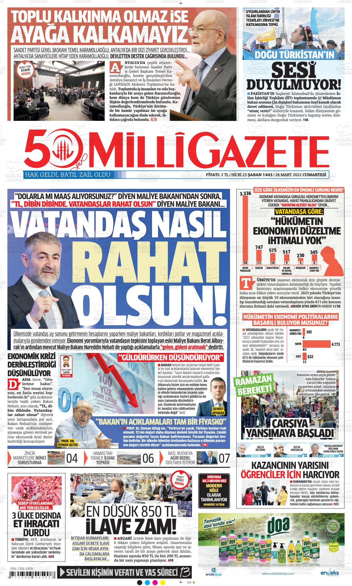 26 Mart 2022 Milli Gazete Gazete Manşeti