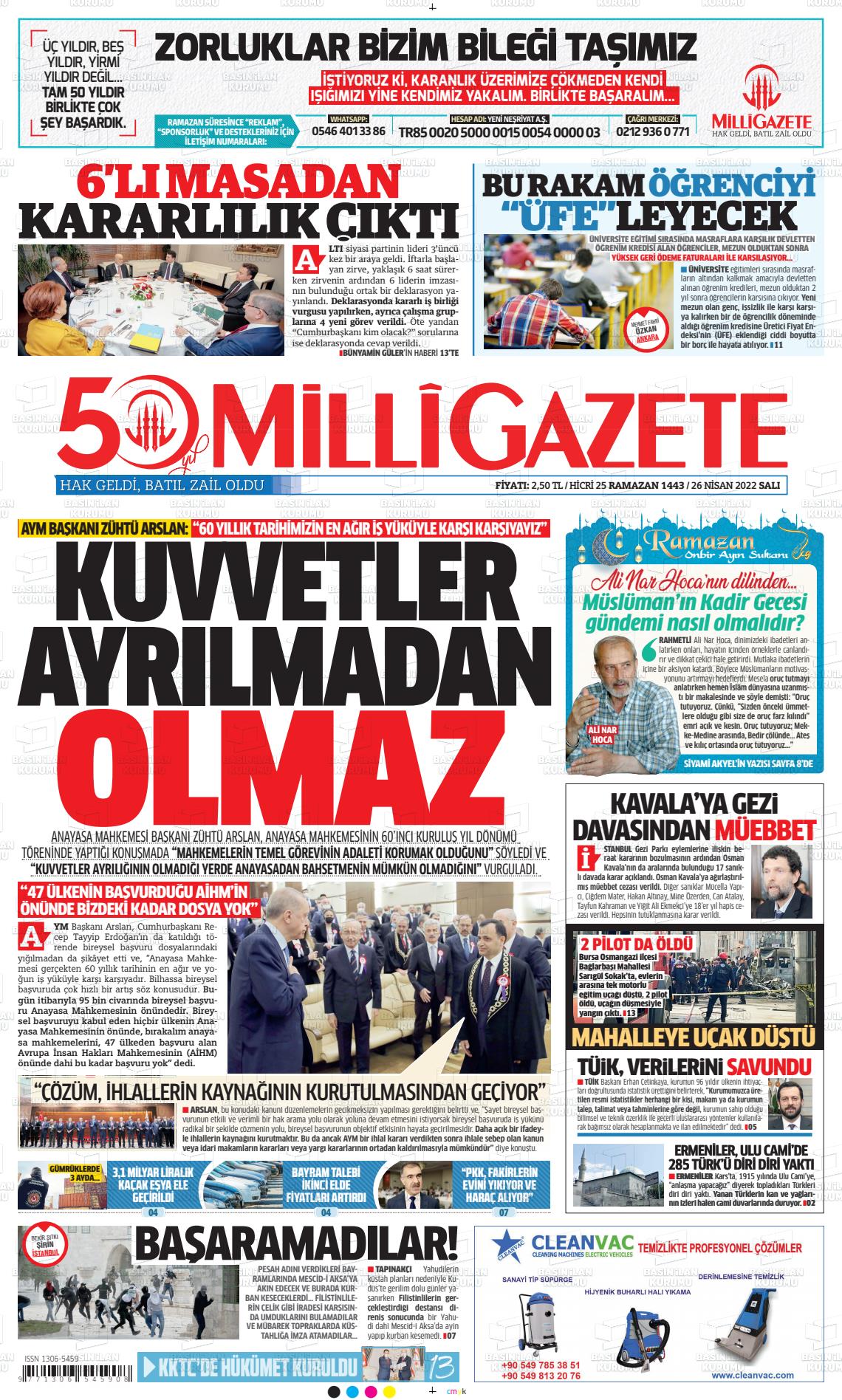 26 Nisan 2022 Milli Gazete Gazete Manşeti