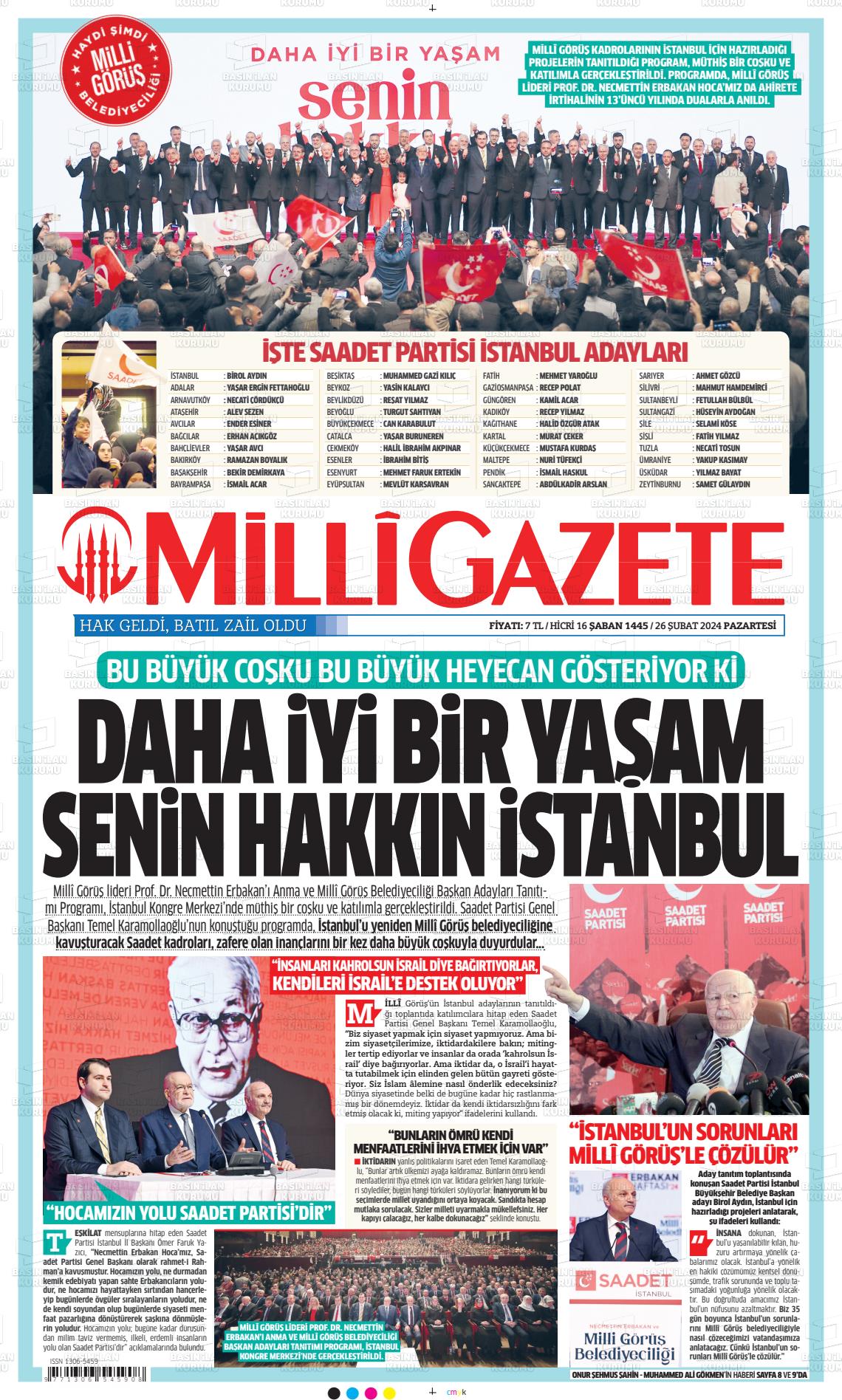 26 Şubat 2024 Milli Gazete Gazete Manşeti