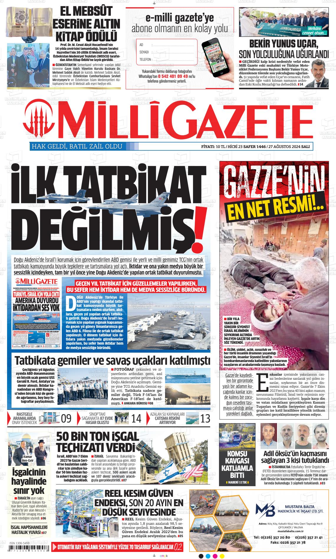 27 Ağustos 2024 Milli Gazete Gazete Manşeti