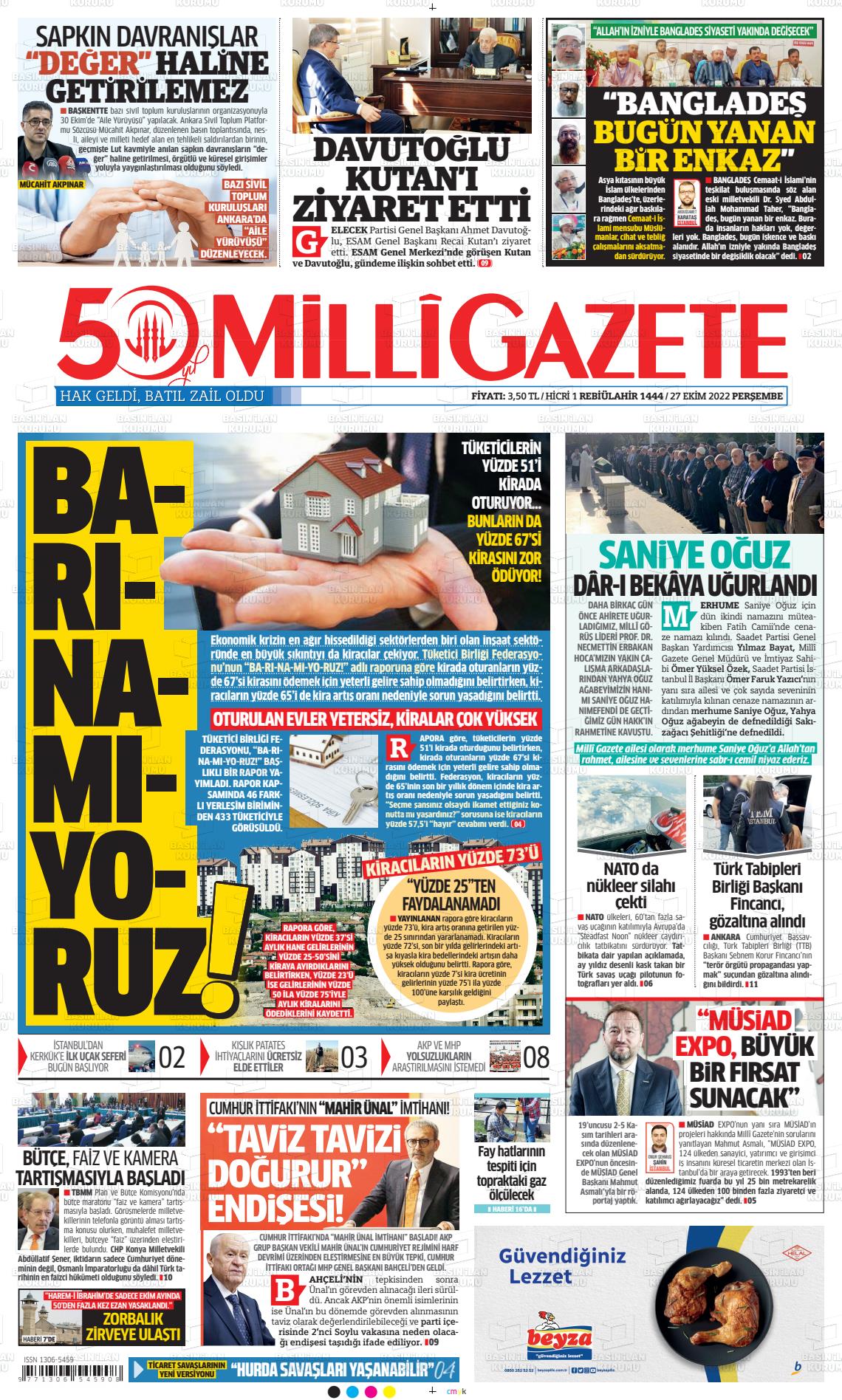 27 Ekim 2022 Milli Gazete Gazete Manşeti