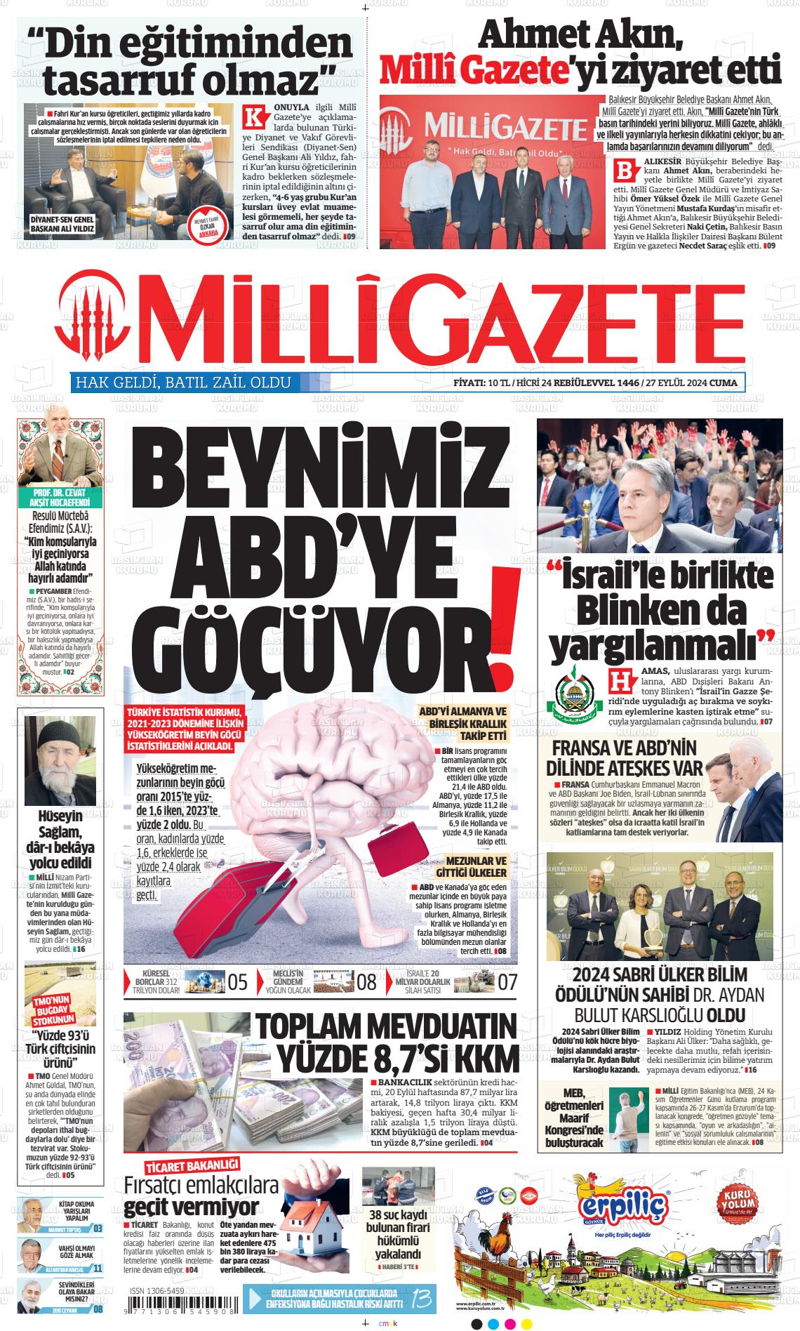 27 Eylül 2024 Milli Gazete Gazete Manşeti