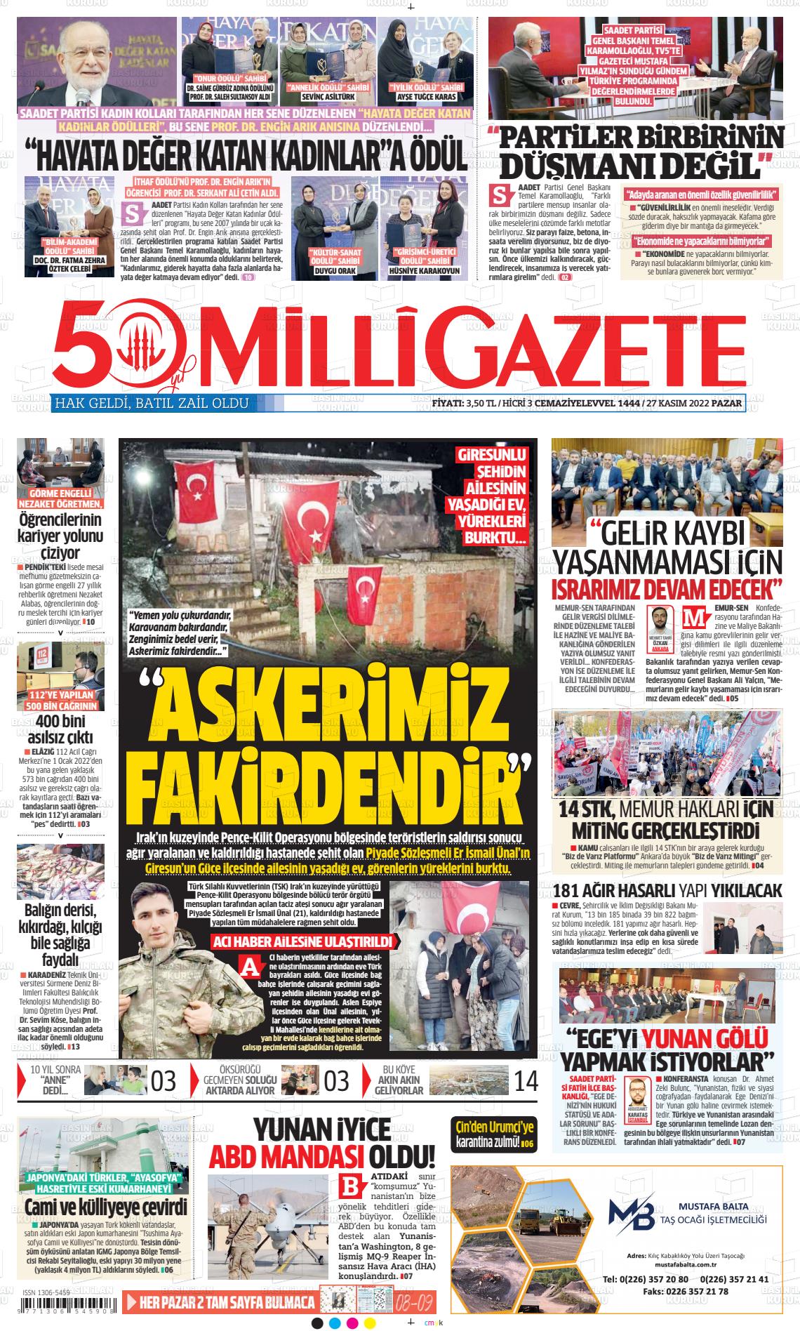 27 Kasım 2022 Milli Gazete Gazete Manşeti