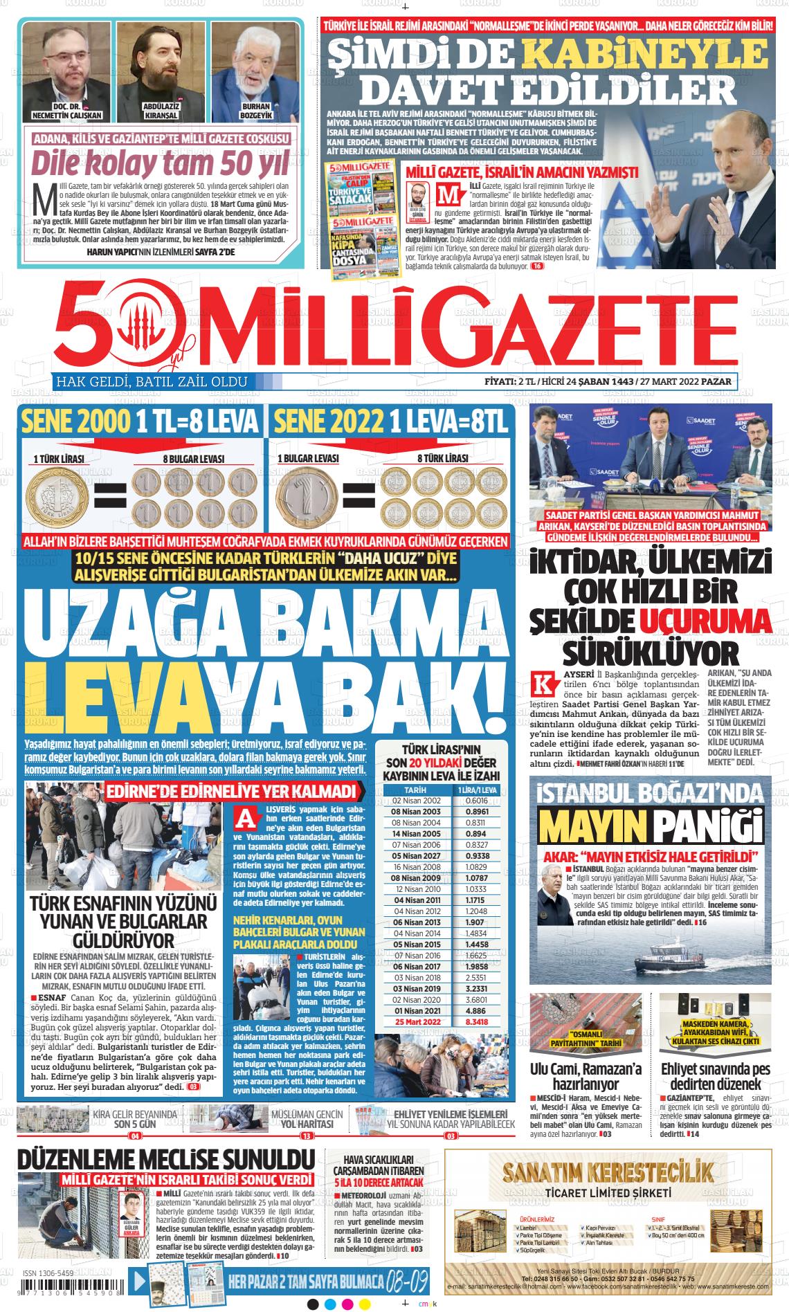 27 Mart 2022 Milli Gazete Gazete Manşeti