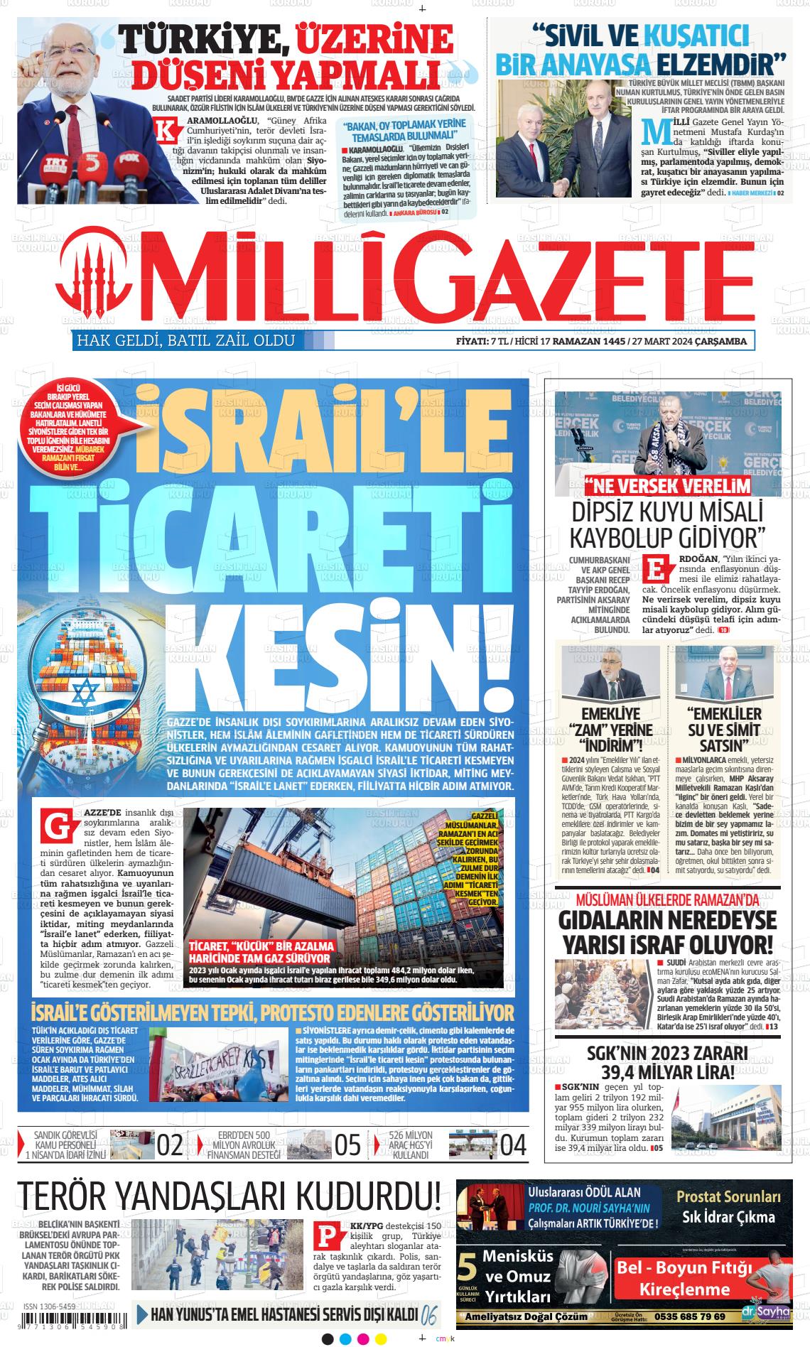 27 Mart 2024 Milli Gazete Gazete Manşeti