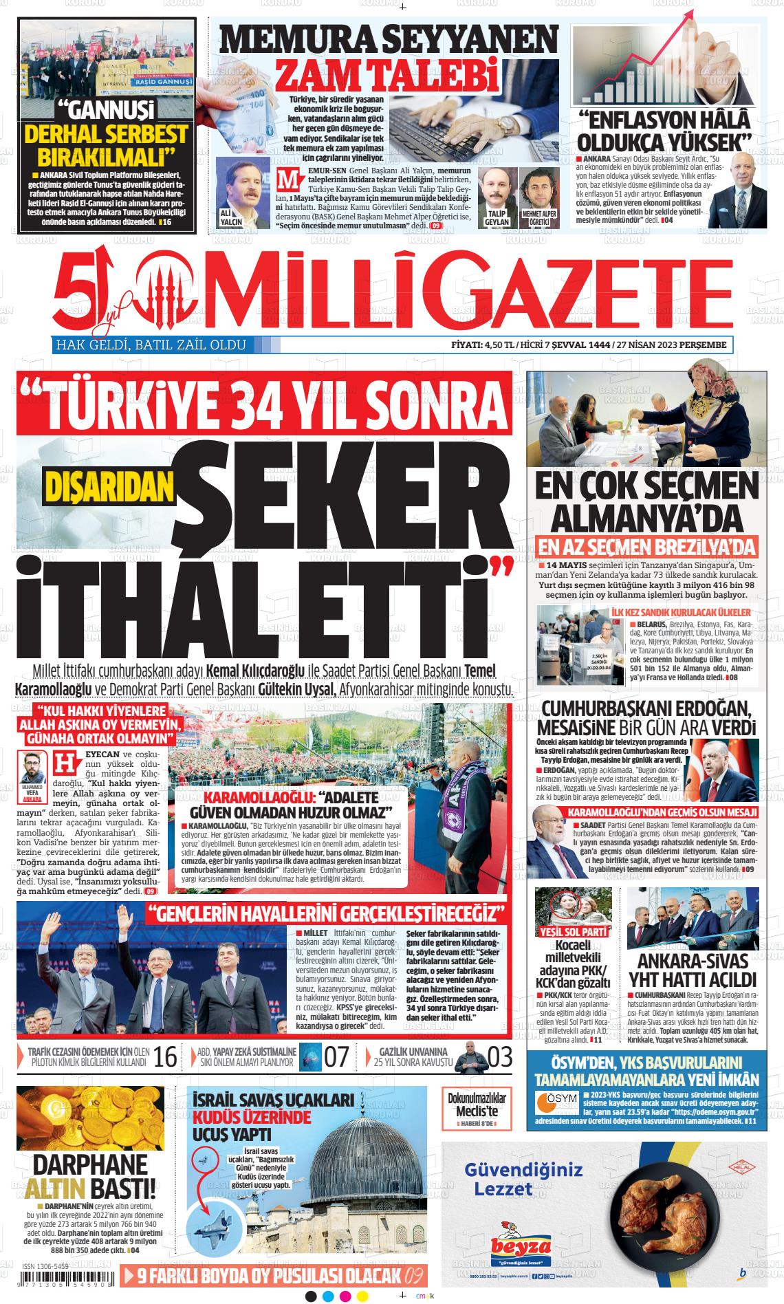 27 Nisan 2023 Milli Gazete Gazete Manşeti