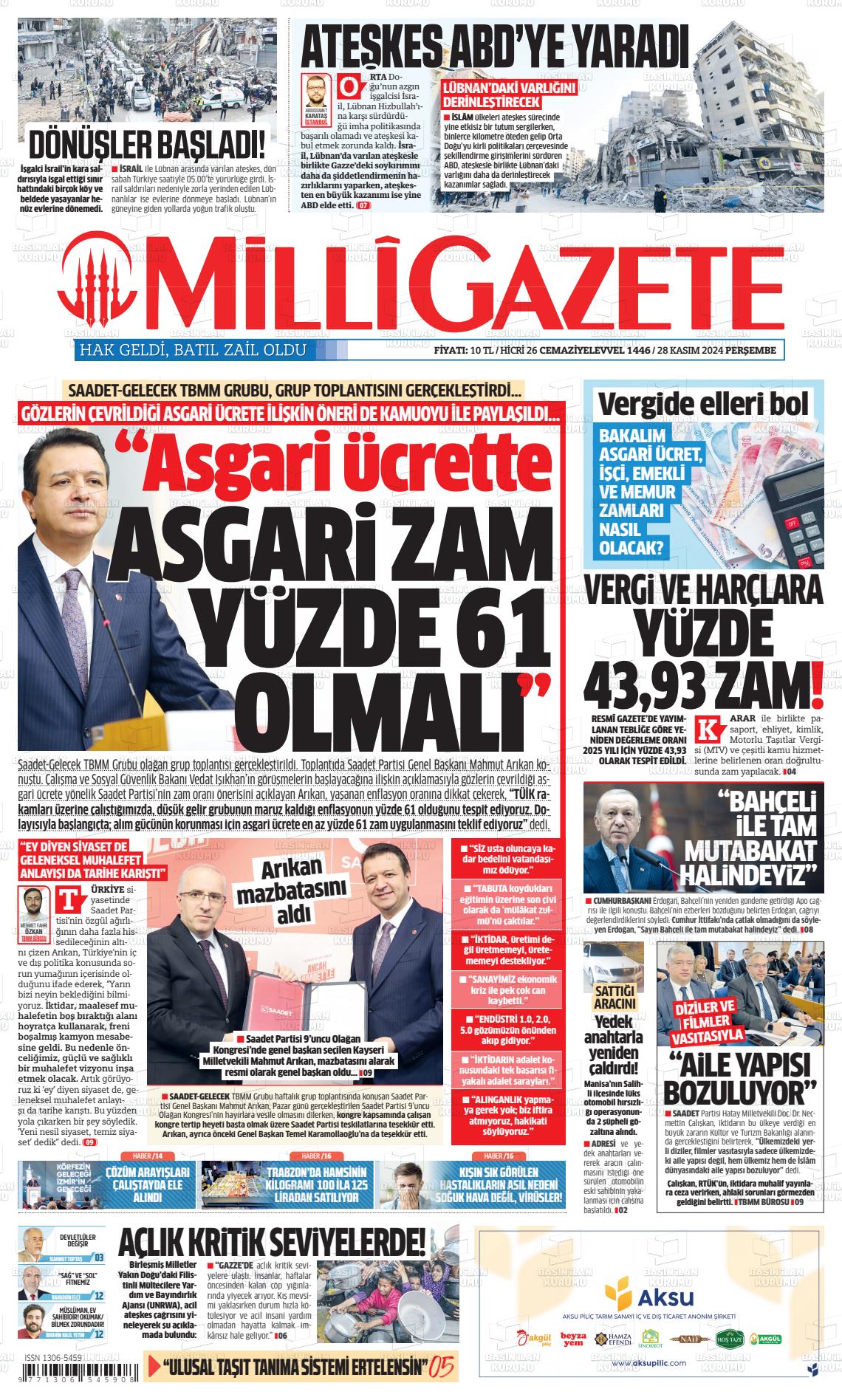 21 Aralık 2024 Milli Gazete Gazete Manşeti