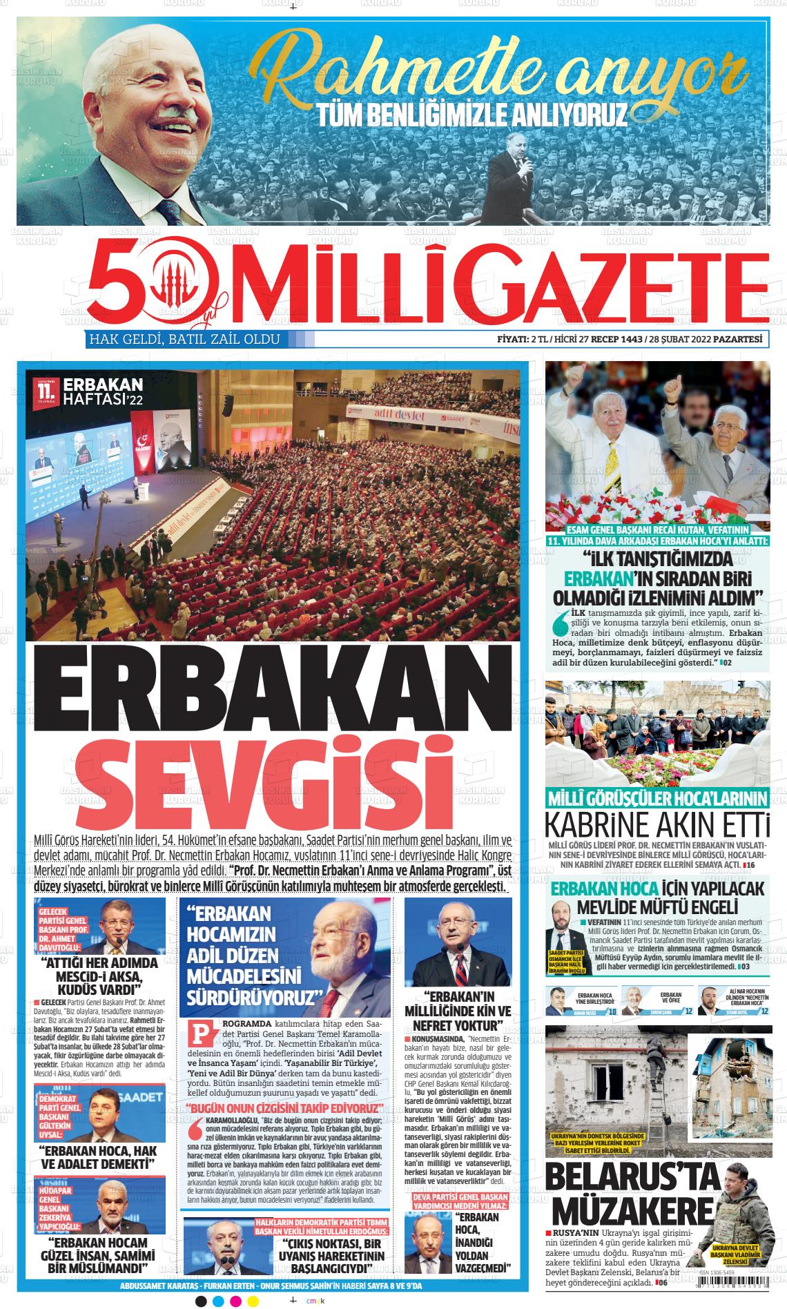 28 Şubat 2022 Milli Gazete Gazete Manşeti