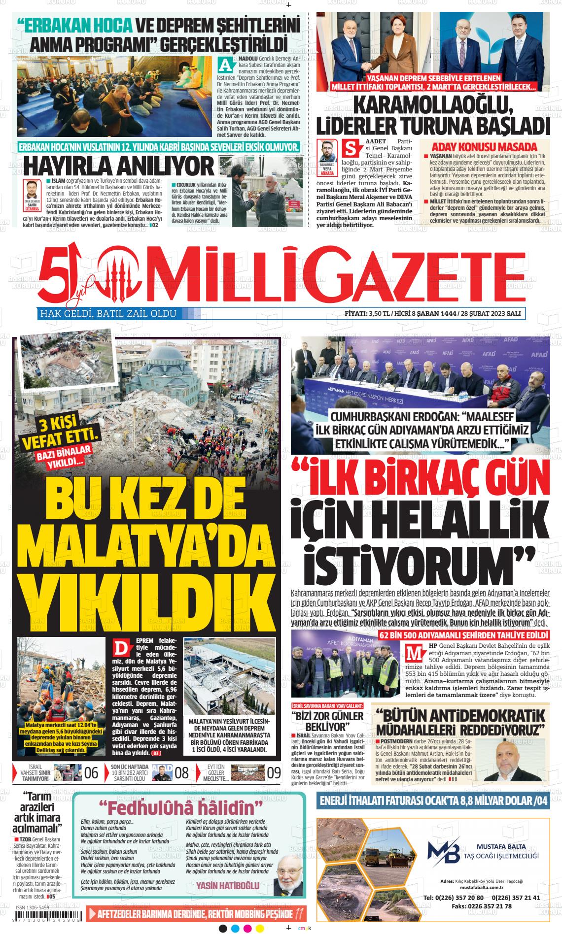 28 Şubat 2023 Milli Gazete Gazete Manşeti