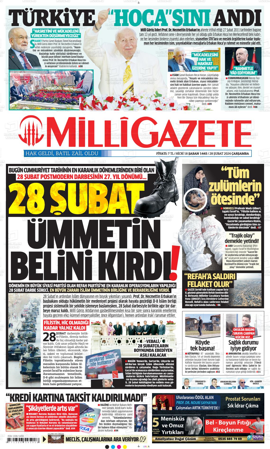 28 Şubat 2024 Milli Gazete Gazete Manşeti