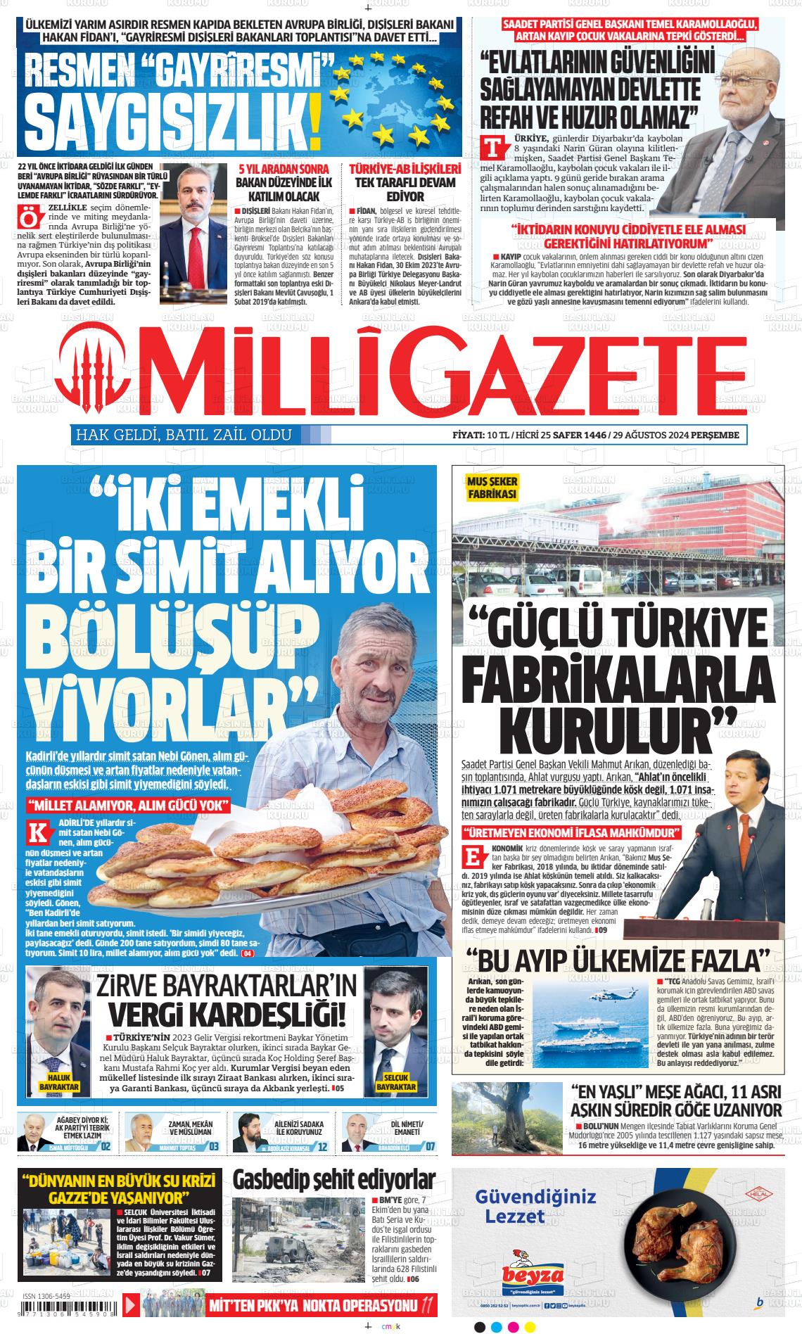 29 Ağustos 2024 Milli Gazete Gazete Manşeti