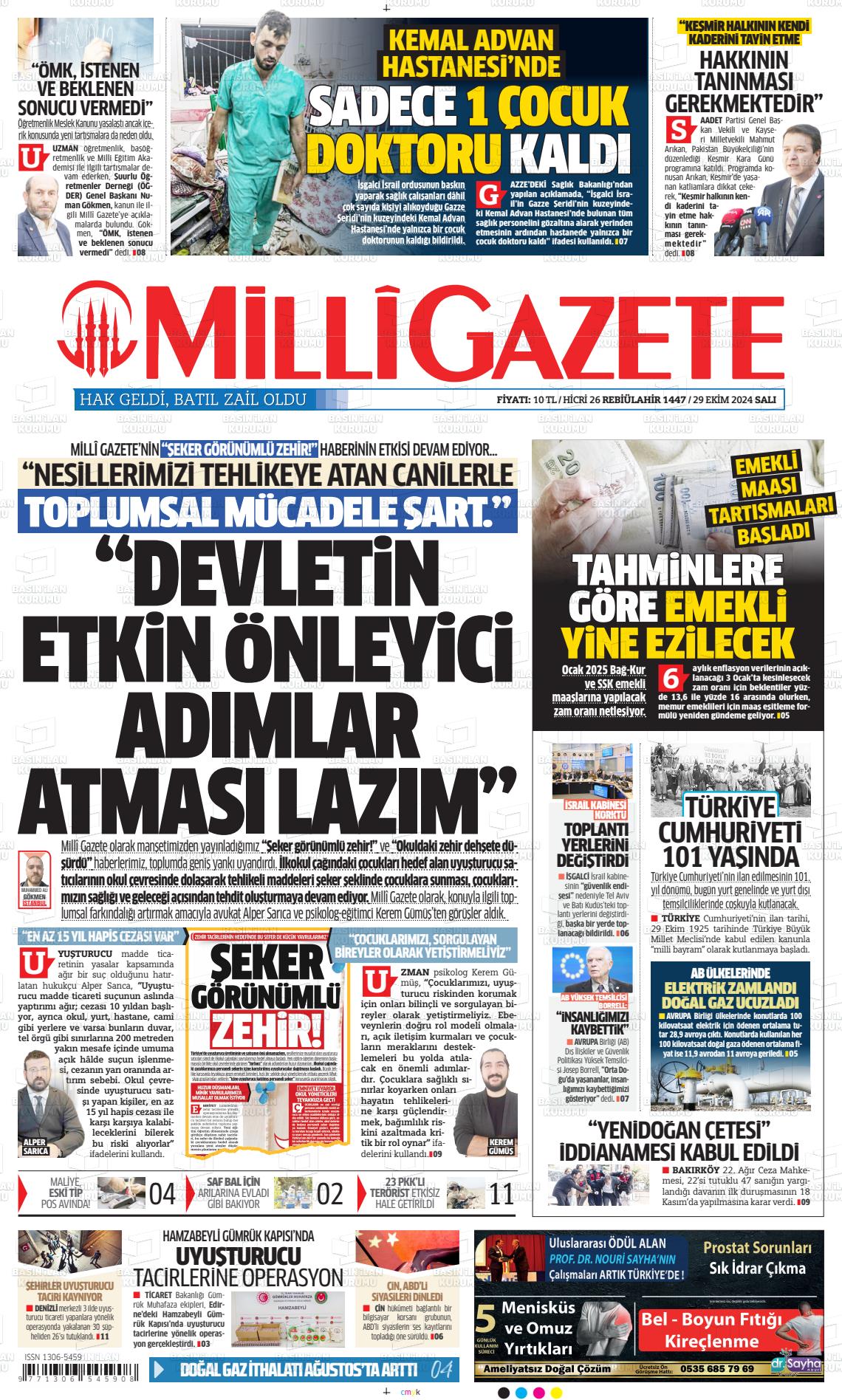 29 Ekim 2024 Milli Gazete Gazete Manşeti