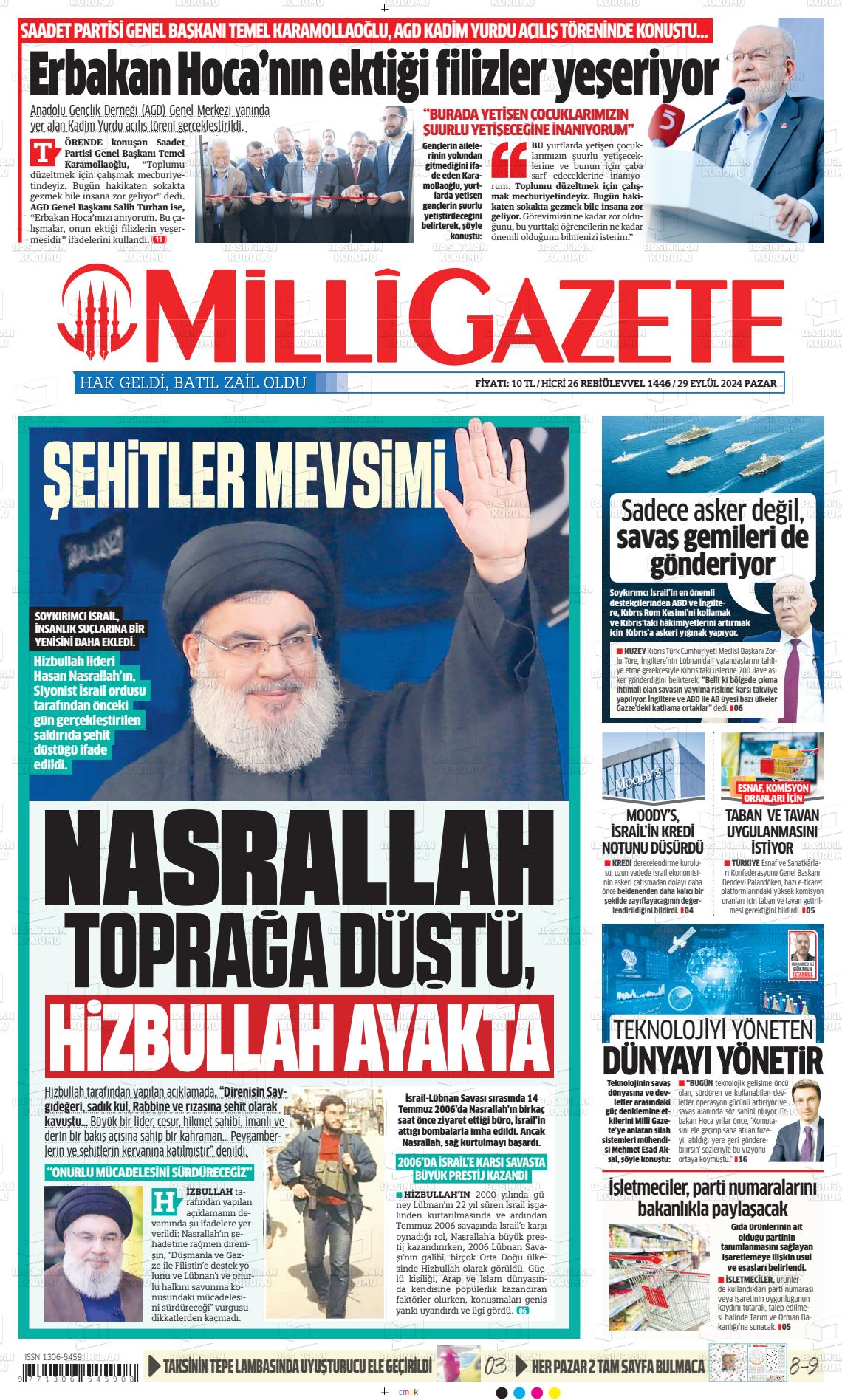 29 Eylül 2024 Milli Gazete Gazete Manşeti