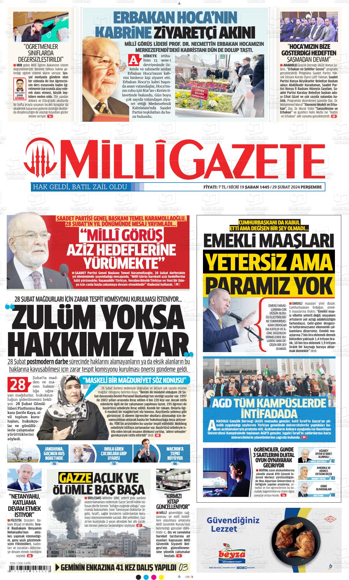 29 Şubat 2024 Milli Gazete Gazete Manşeti