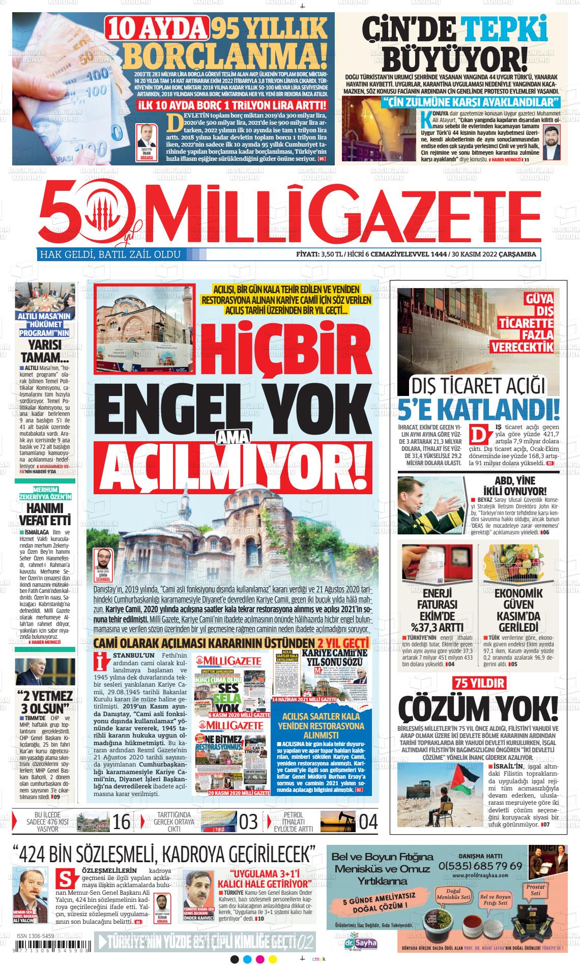 30 Kasım 2022 Milli Gazete Gazete Manşeti