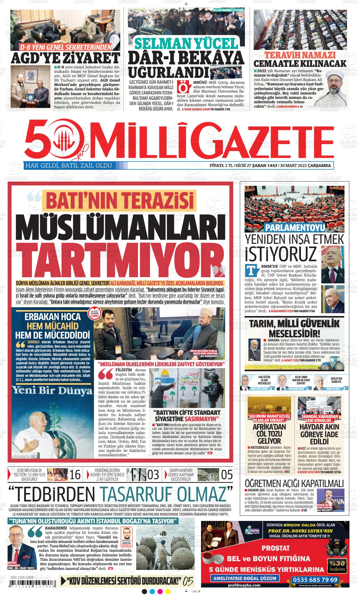 30 Mart 2022 Milli Gazete Gazete Manşeti